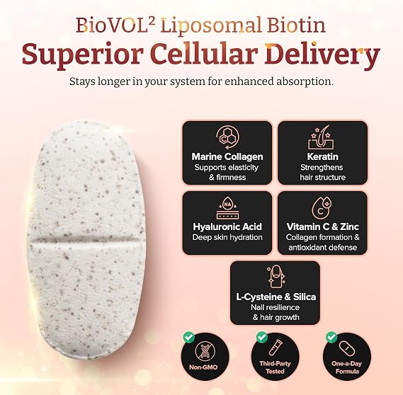 pureclinica 400% Strength Biotin 40,000mcg x 180 Caplets (2 Bottles of 90) BioVOL2 Liposomal Biotin Complex | with Marine Collagen, Keratin, Vitamin C & More | 6 Months Supply
