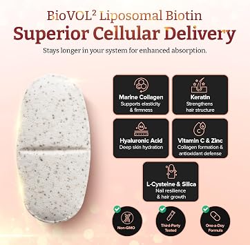 pureclinica 400% Strength Biotin 40,000mcg x 180 Caplets (2 Bottles of 90) BioVOL2 Liposomal Biotin Complex | with Marine Collagen, Keratin, Vitamin C & More | 6 Months Supply