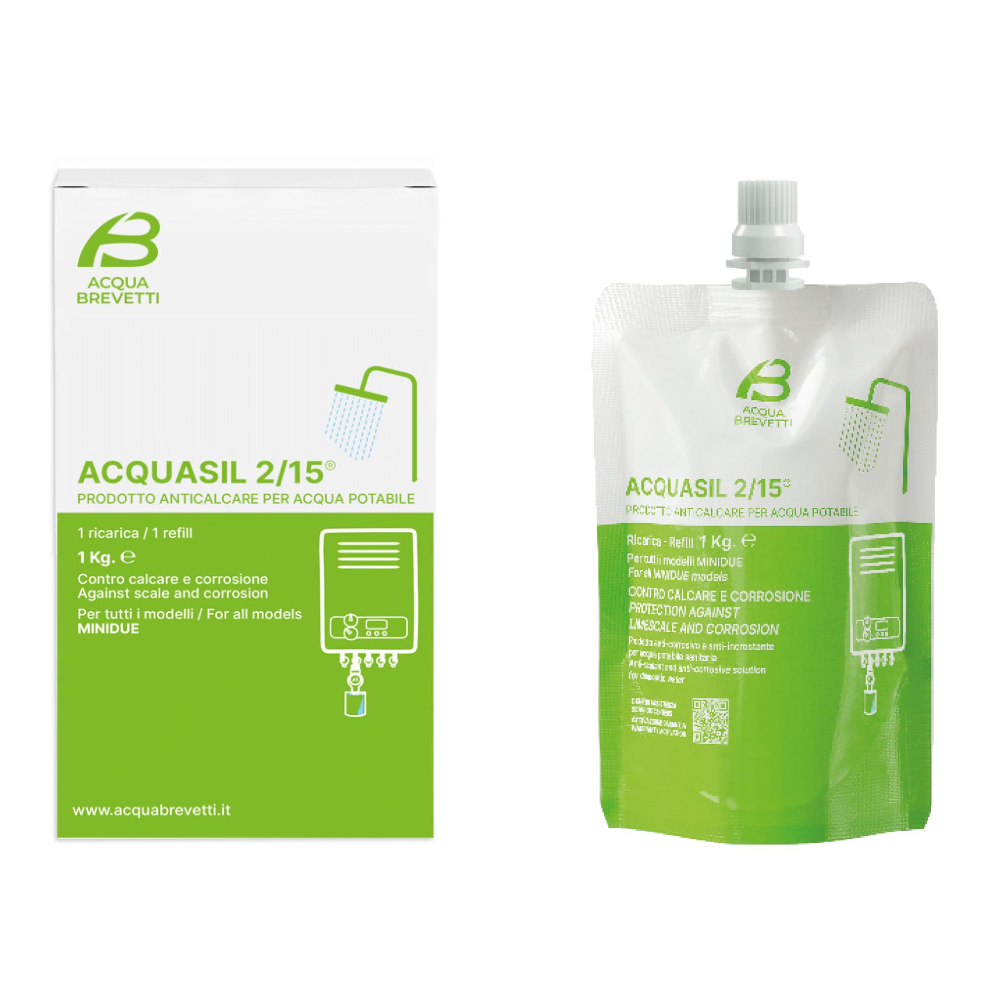 Acqua Brevetti Acquasil 2/15® PC104 Recharge sac de 1 kg pour pompes doseuses Minidue et Minidrop, anticalcaire, anti-corrosion, eau potable