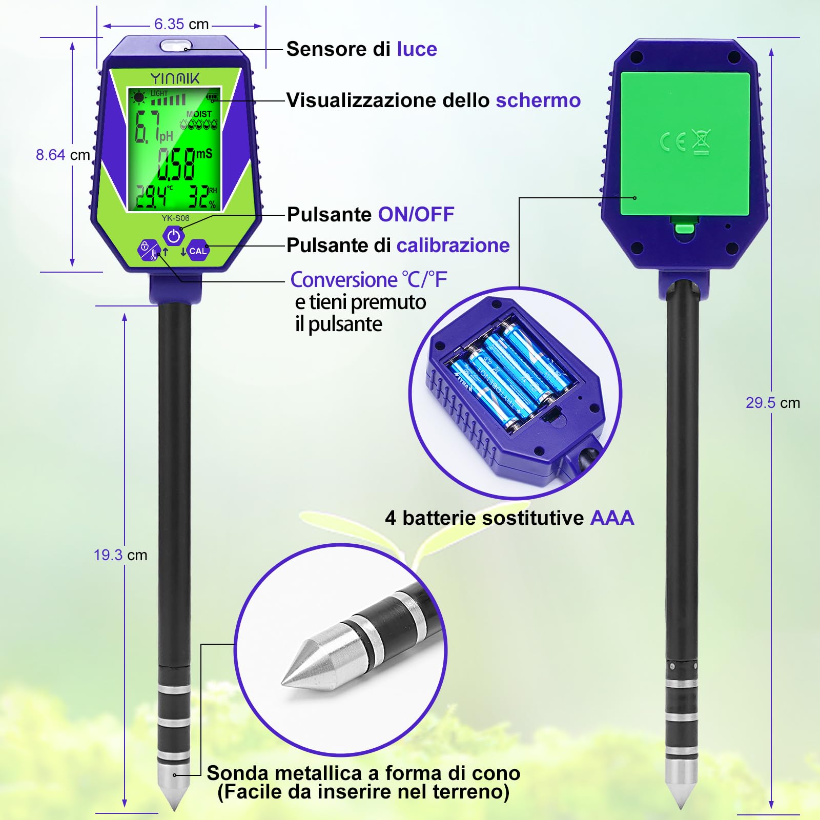 Misuratore PH Terreno YINMIK 6 In 1 - Digitale, Per Umidità, EC, Luce, Temperatura, Interno/Esterno - Foto 11