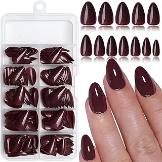 LoveOurHome 240pc Almond Press on Nails Short Fake Nails Burgundy Glue on Nails Short Almond Nails Press ons Acrylic Nail Full Cover Artificial Fingernail XS Stiletto False Nail with Adhesive Tabs