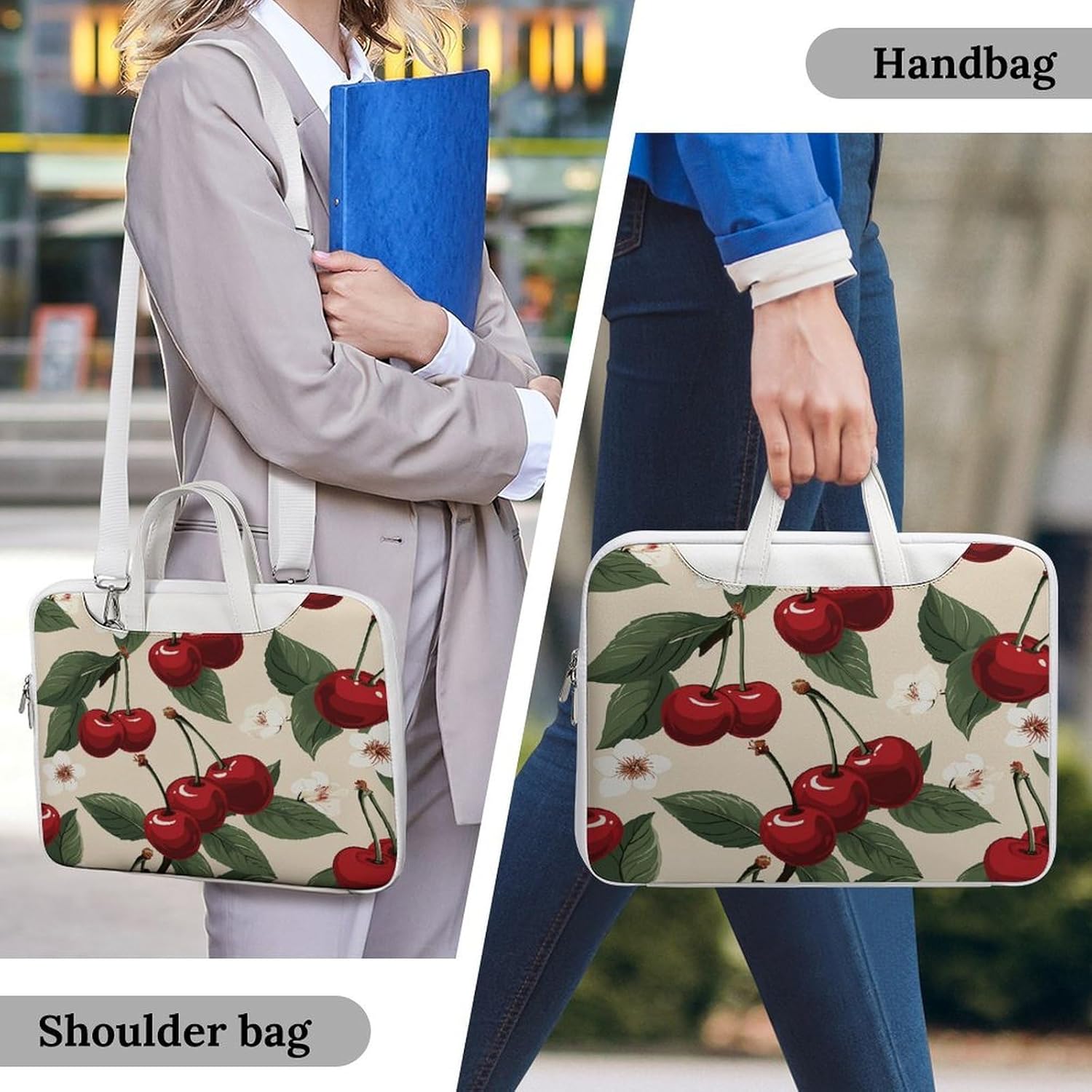 Red Cherry Pattern 37x28cm White-style Laptop Bag Leather Tablet Computer Briefcase Large Capacity Work Business Tote Bags for Office