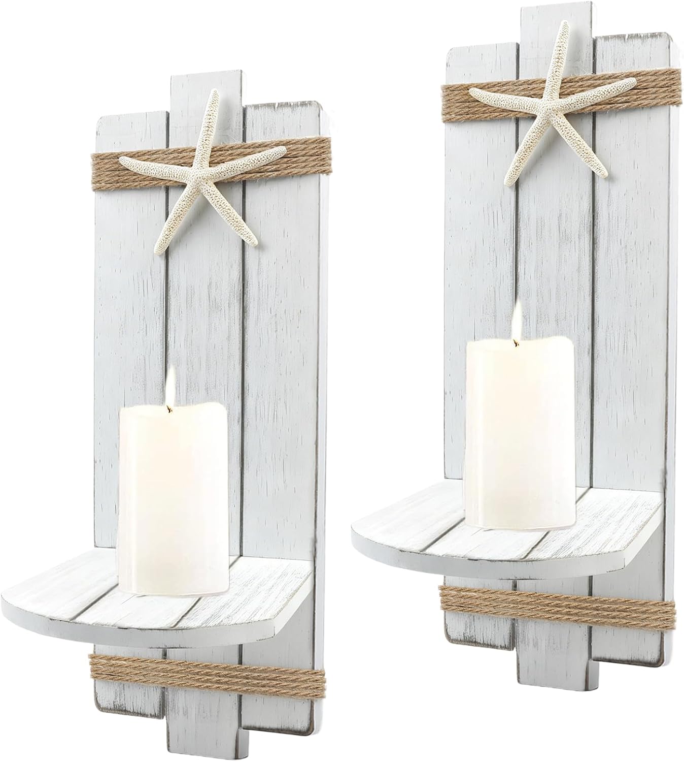 Coastal Wall Candle Sconces Set of 2, Rustic Wooden Wall-Mount Candle Holders Natural Starfish Nautical Ocean Themed Decor for Bathroom Living Room Bedroom Office Fireplace Hallway (White)