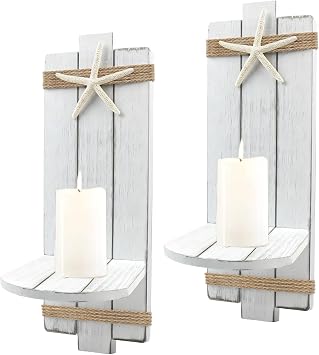 Coastal Wall Candle Sconces Set of 2, Rustic Wooden Wall-Mount Candle Holders Natural Starfish Nautical Ocean Themed Decor for Bathroom Living Room Bedroom Office Fireplace Hallway White