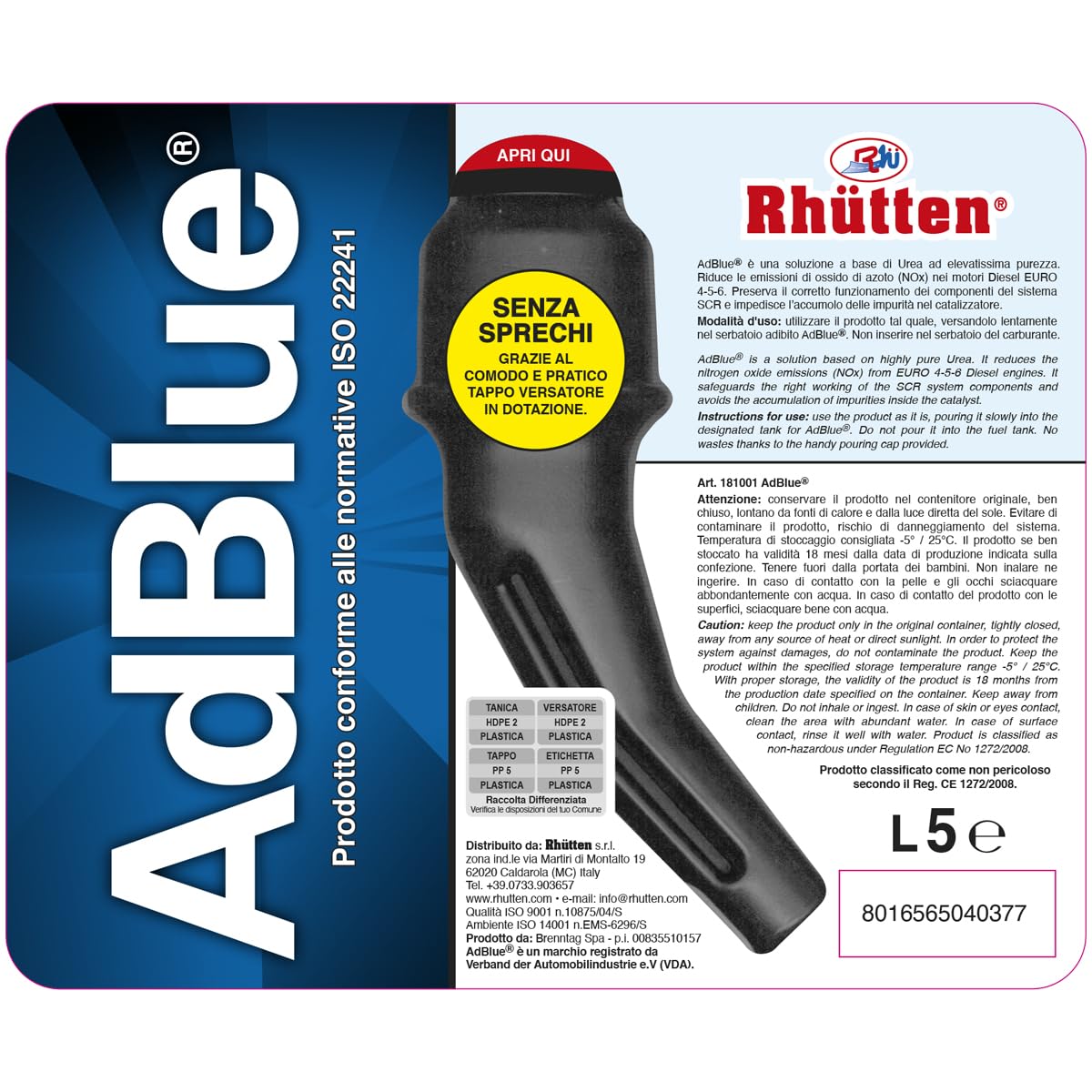 Rhütten, AdBlue Motori Diesel, Basf, Additivo di Sintesi, Urea Purissima, ISO 22241, preserva SCR, Blocca Impurità Catalizzatore, Motori Euro 6, Tappo Versatore, 5L