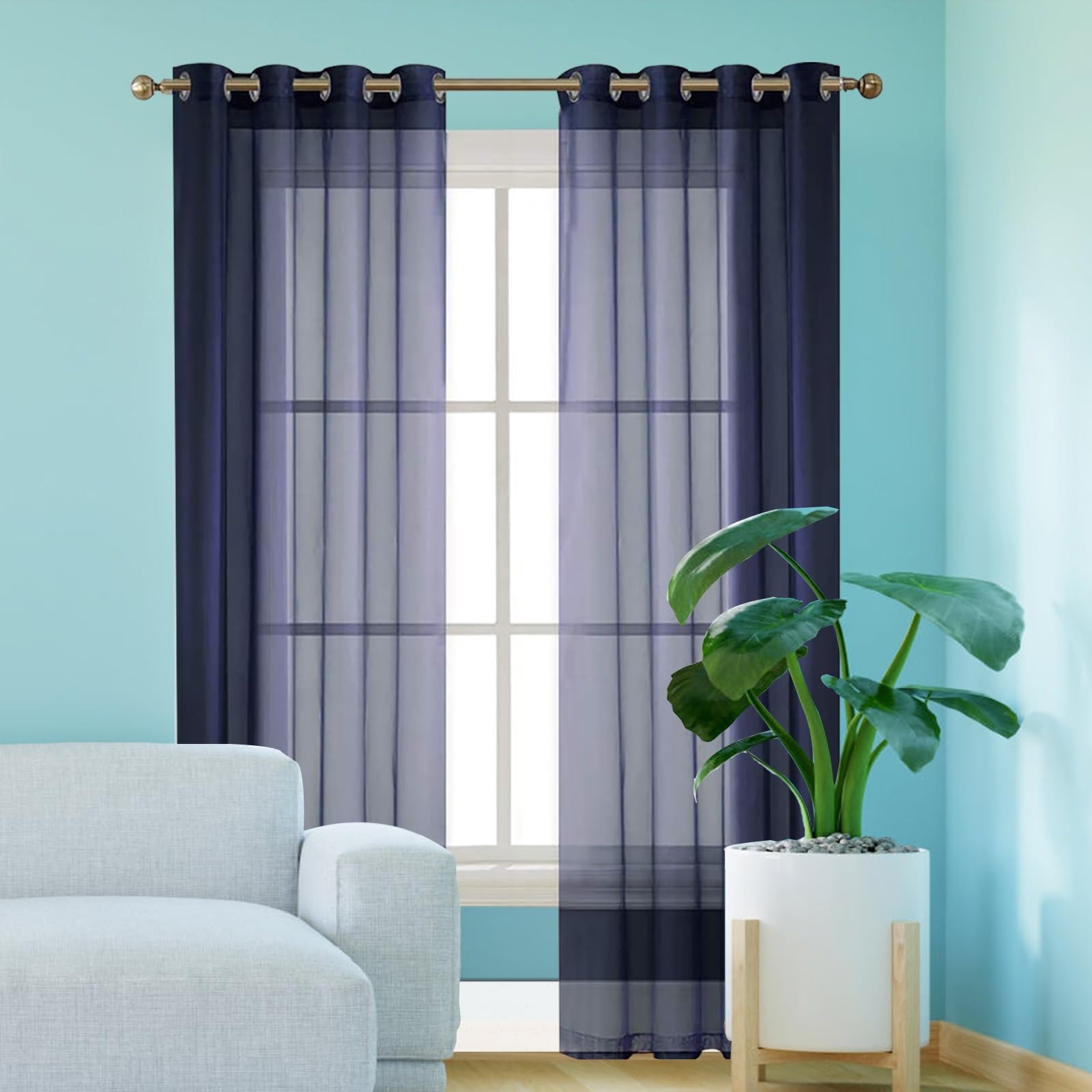 GAIFNAG Snow White Sheer Curtains 180 x 225 cm Super Soft Thermal Insulated Window Treatment Eyelet Bedroom Curtains for Bedroom and Living Room, Navy Blue