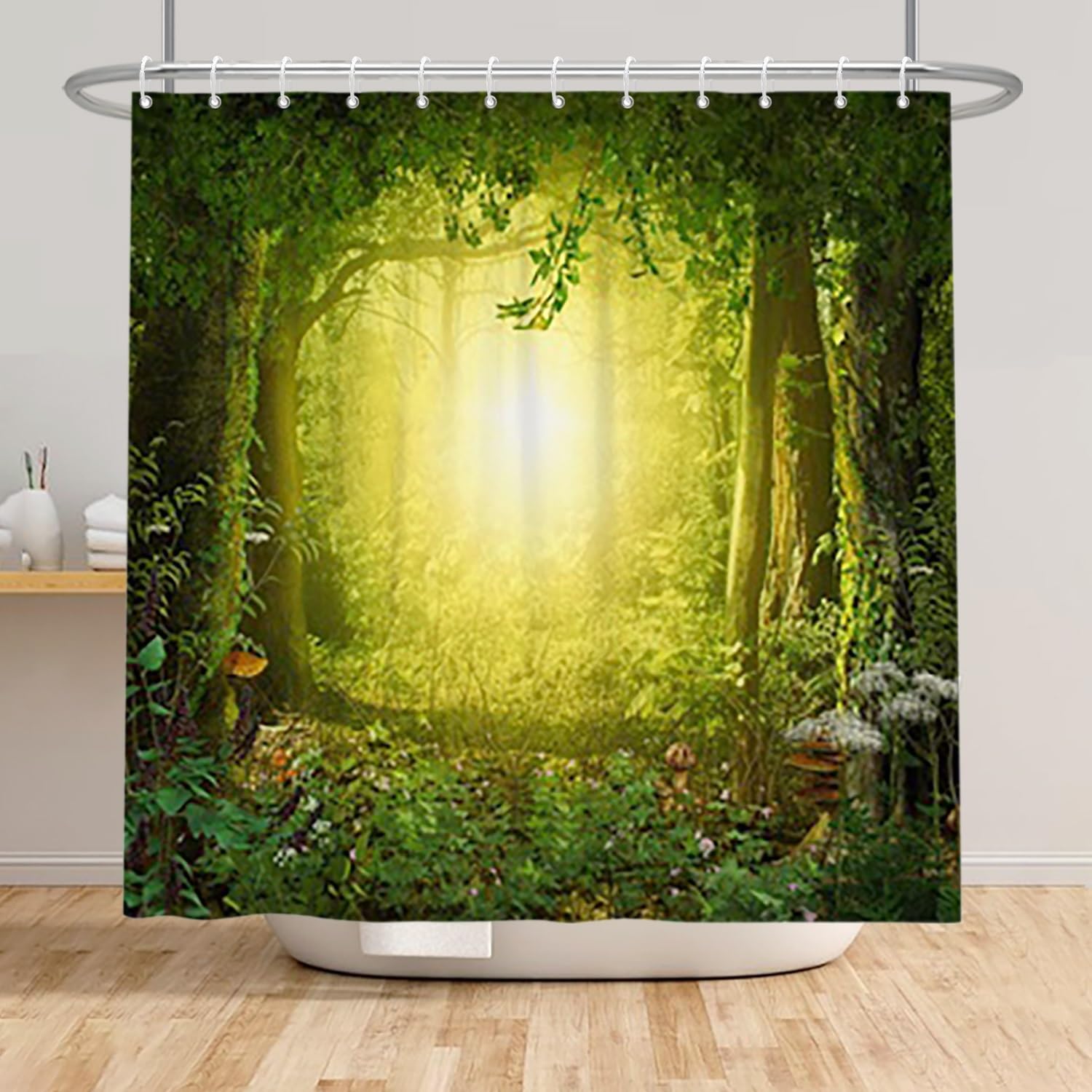 Xiaoterna Fairy Tale Fantastic Forest Shower Curtain Fantastic Woodland Jungle Bathroom Curtain Natural Landscape Sunrise Bokeh Shower Curtain Machine Washable Waterproof Fabric 180x240cm - Image 3