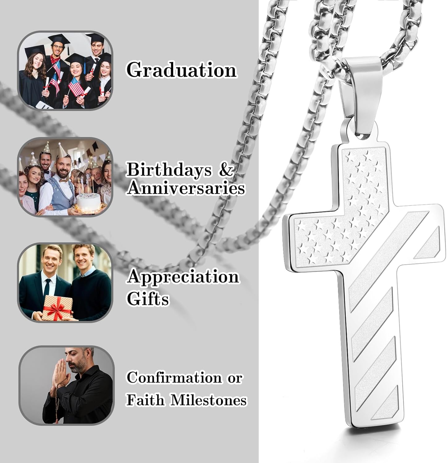 18+2 Inch Stainless Steel Cross Necklace Black American Flag Pendant – Bible Verse Christian Religious Necklaces Jewelry - Birthday Baptism Valentine Military Gift for Teens Grandson Son - Image 2