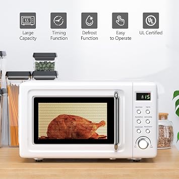 Retro Countertop Microwave Oven, Large 0.7Cu.ft, 700-Watt, Cold Rolled Steel Countertop with Time Setting, Glass Turntable Plate, Pre-Programmed Cooking Settings, LED Display, Child Lock (White)