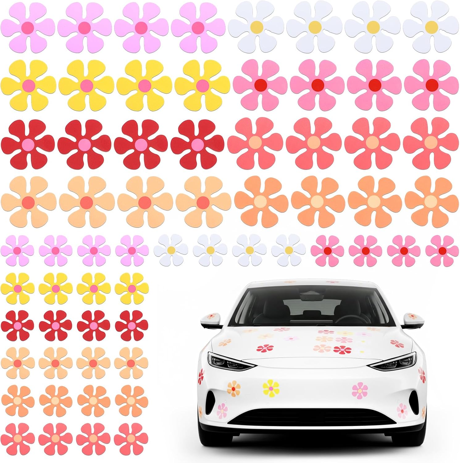 64 Pcs Flower Magnets, Retro Boho Car Magnets for Refrigerator Home Door Decoration, Cute Fridge Decals Decor, 2.17 x 2.17 Inches, 3.94 x 3.94 Inches in 8 Colors