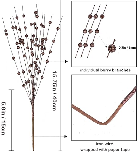 Miniatura 7 de Paquete de 10 tallos de bayas artificiales plateadas con purpurina de 15.7 pulgadas, púas de Navidad falsas, palitos decorativos con purpurina para