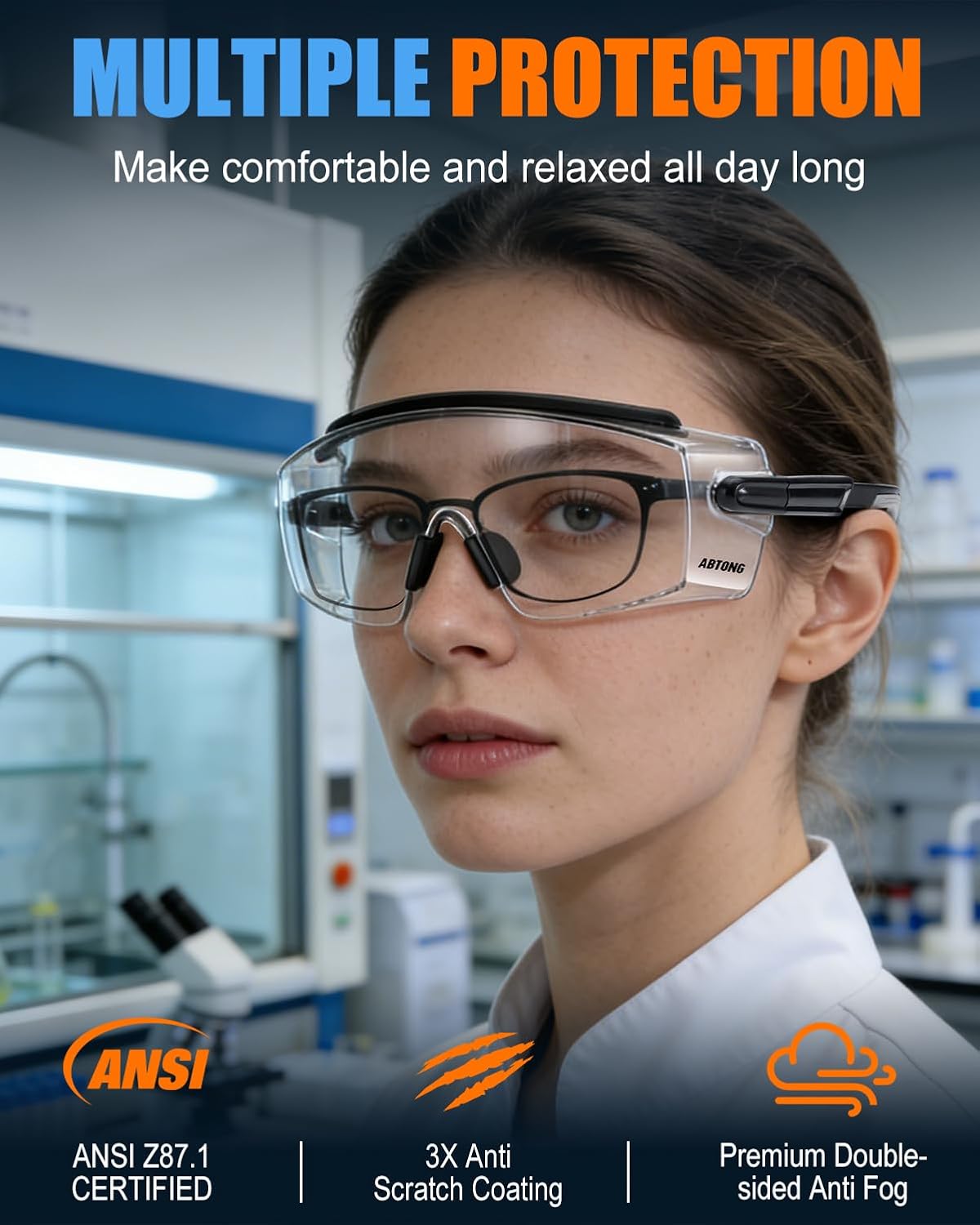 Safety Glasses Over Eyeglasses — ANSI Z87.1 Certified Safety Goggles with Anti-Fog & Anti-Scratch Clear Wraparound Lens — Adjustable Temples with Anti-Slip Tip for Youth Men & Women (2 Pack)