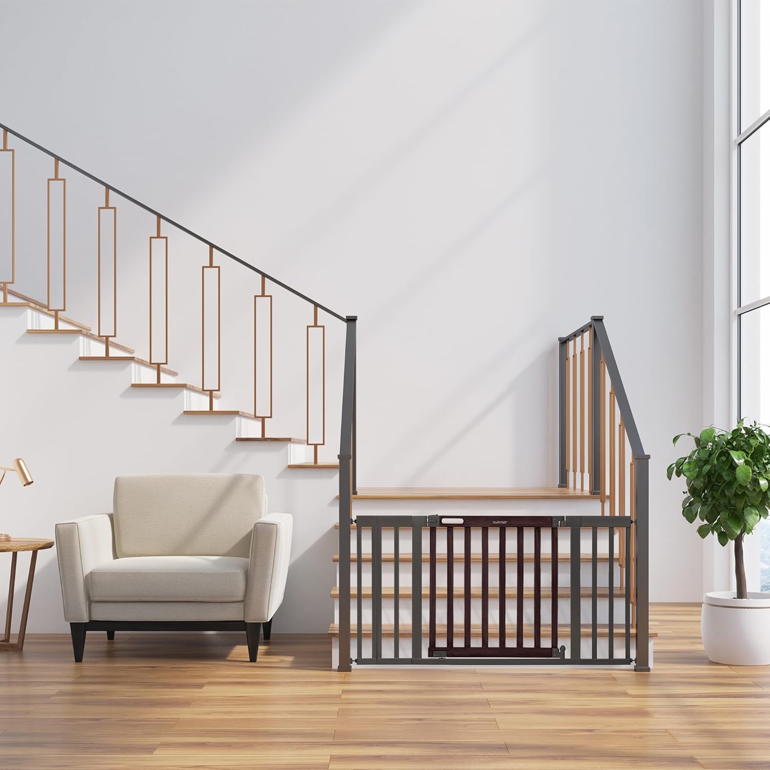 Summer Infant West End Safety Baby Gate, Dark Walnut Stained Wood with Charcoal Metal Frame – 30” Tall, Fits Openings up to 36” to 60” Wide, Baby and Pet Gate for Wide Spaces and Open Floor Plans