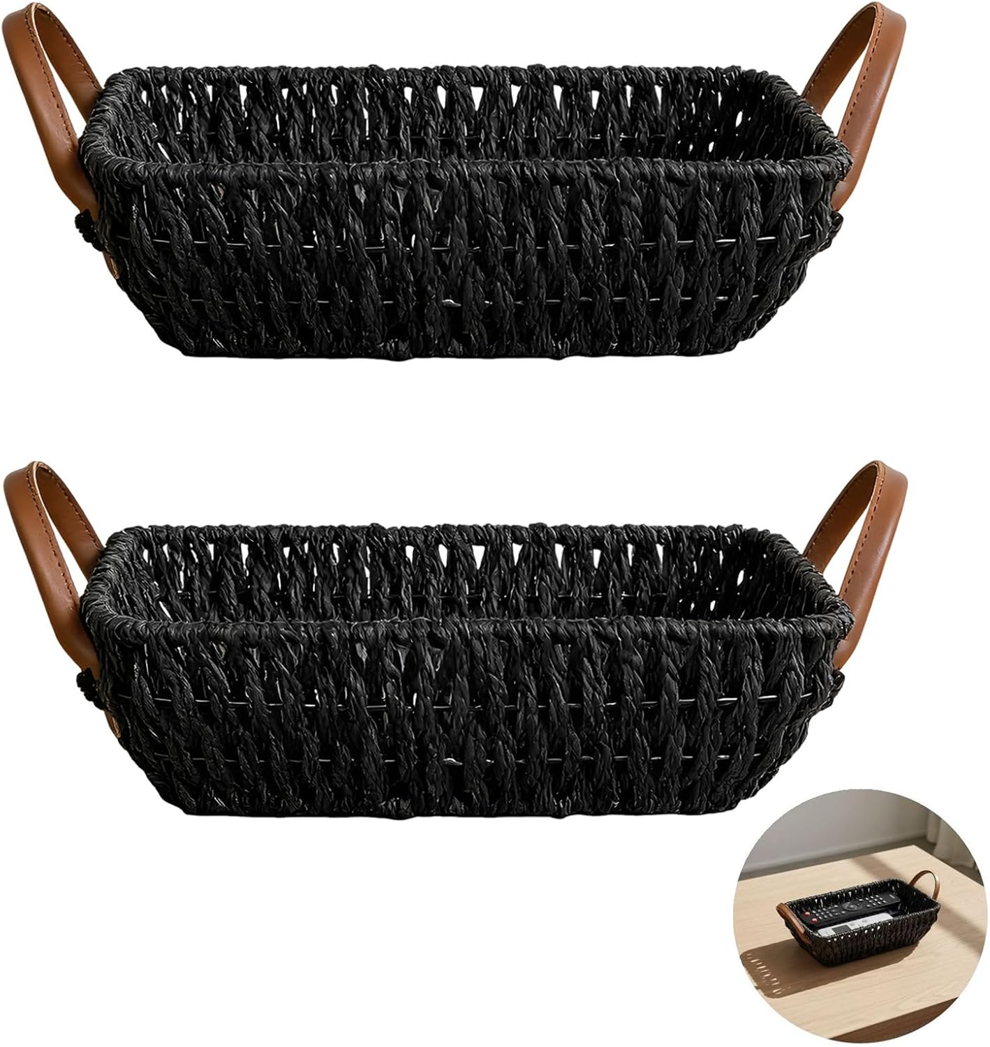 Storage Organizer Baskets, Black Wicker with Handles, Woven Paper Rope, 12.6 X 7.9 X 3.9 in for Shelf Table Coffee Table Decor