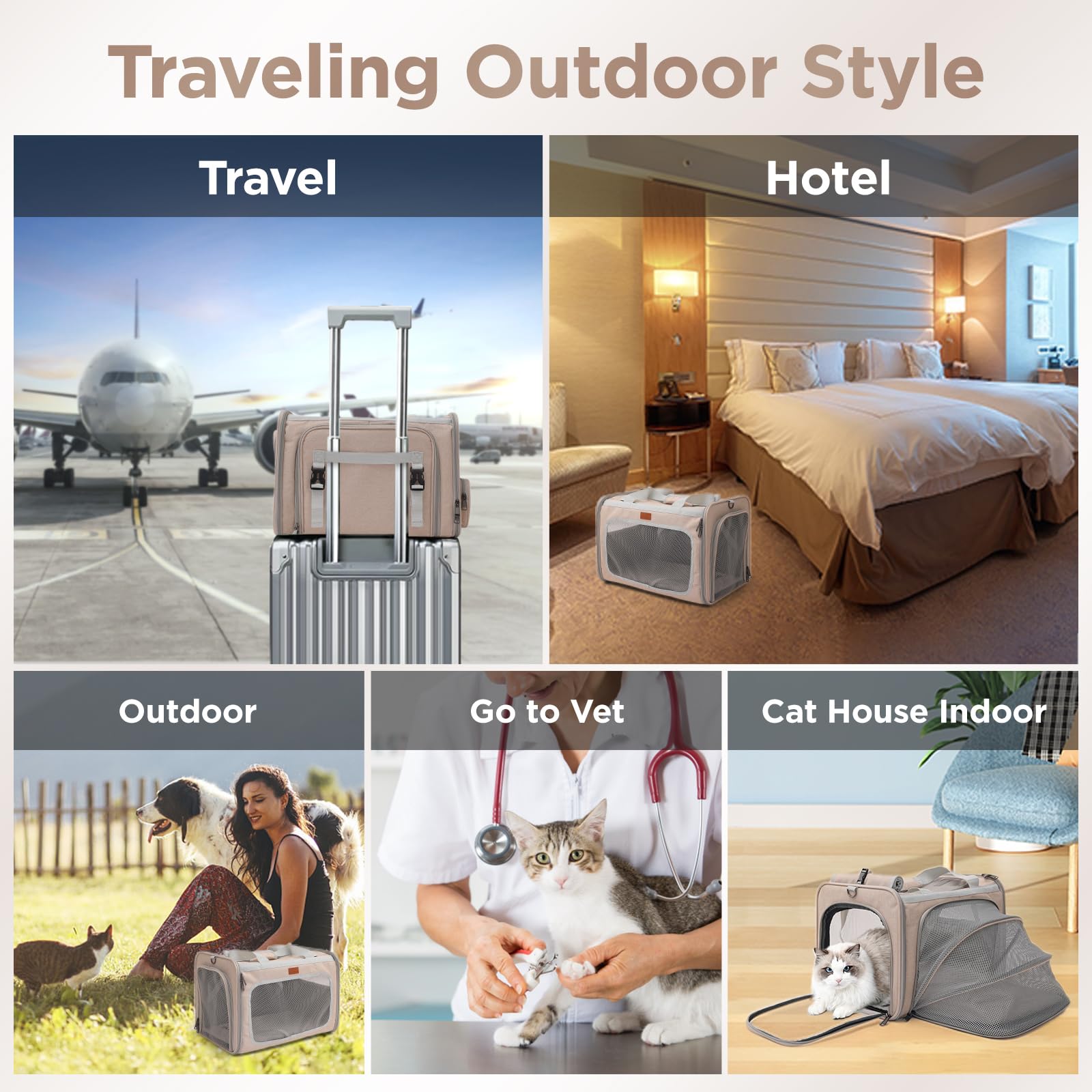 Small Dogs Carrier Airline Approved Soft Cat Carriers Stylish Expandable Pets Carriers Puppies Kitties Cage,Ventilated,Rabbit Bunny Small Animals Travel Outdoor Khaki Color - image 4