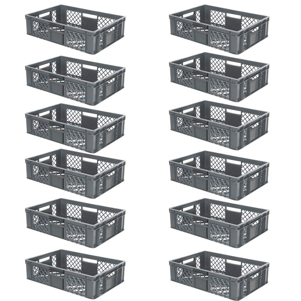 BRB 12x Eurobehälter/Stapelkorb durchbrochen, PE-HD, Industriequalität, lebensmittelecht, LxBxH 600x400x150 mm, grau