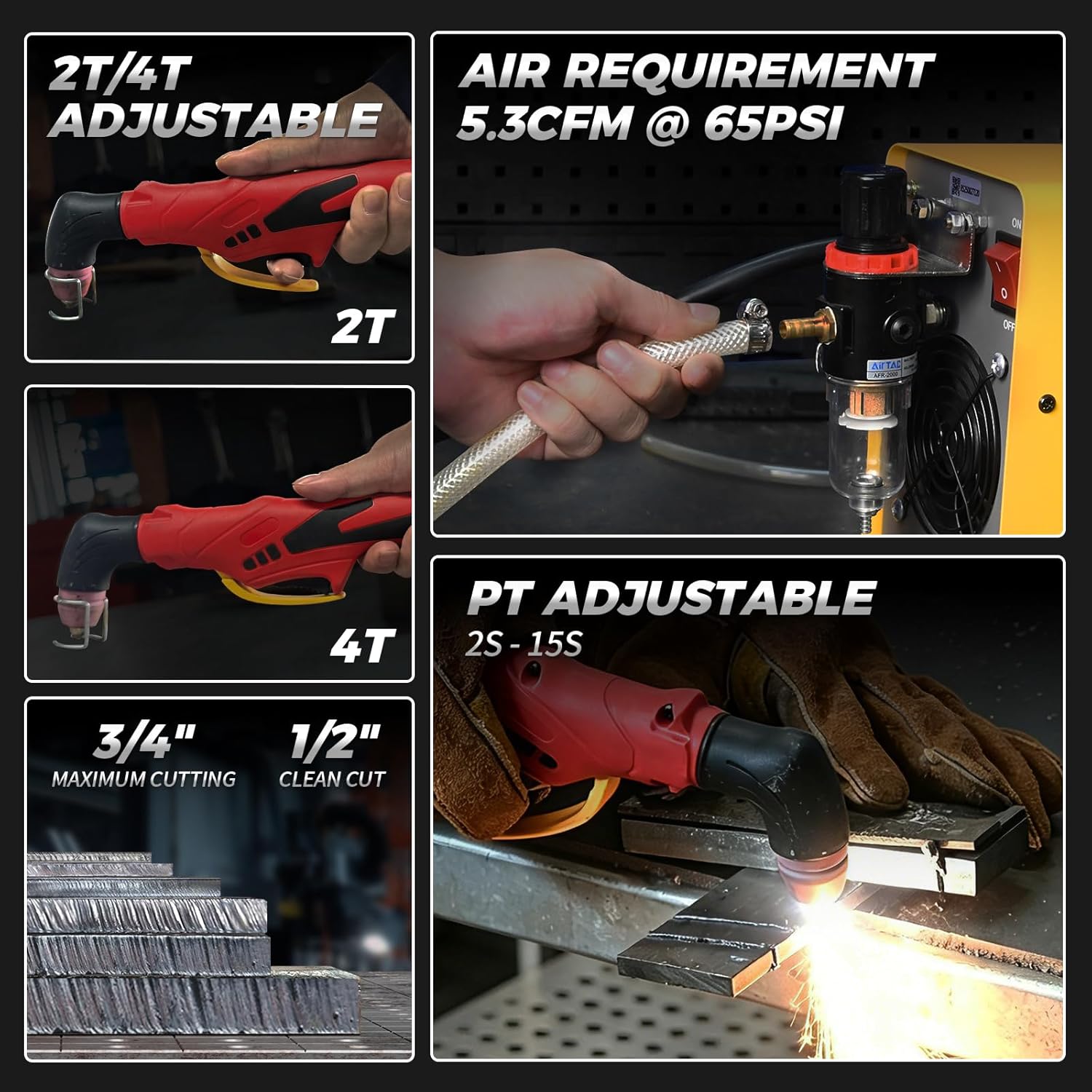 Plasma Cutter 55A with Large LED Display Non Touch Pilot Arc Plasma Cutter Machine Equipment Inverter Technology Dual Voltage 110V/220V 2T 4T Modes Maximum Cutting Thickness 3/4 Inch Clean Cuts