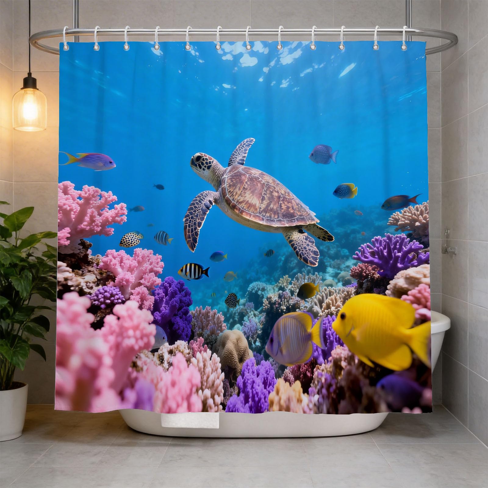 Hongduo 3D Turtle Coral Shower Curtain for Stalls Bathtubs Coral Bathroom Decor Shower Curtain Set Polyester Fabric Waterproof 200x200cm/79X79 Inch with Hooks