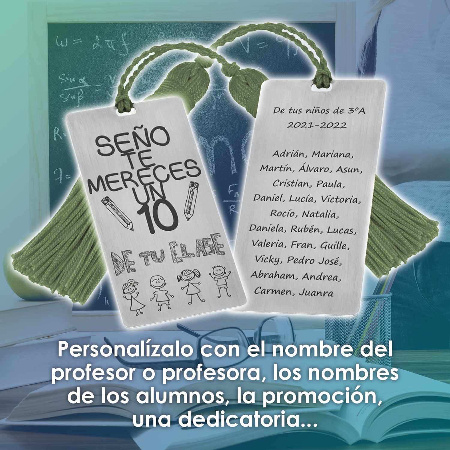 Segnalibro in argento per profes "Ti meriti un 10" con nappone colorato - Regalo per insegnanti - Fine corso (Verde 2 facce)