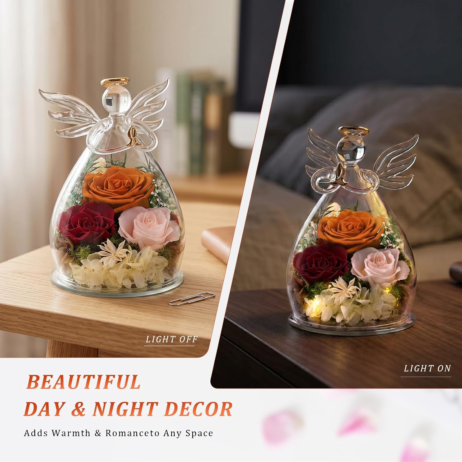 Preserved Rose in Angel Design Glass Dome with LED Light, Eternal Real Rose Flowers Gift for Women Mom Grandma, Birthday Anniversary Valentines, Home Decor, Orange Red