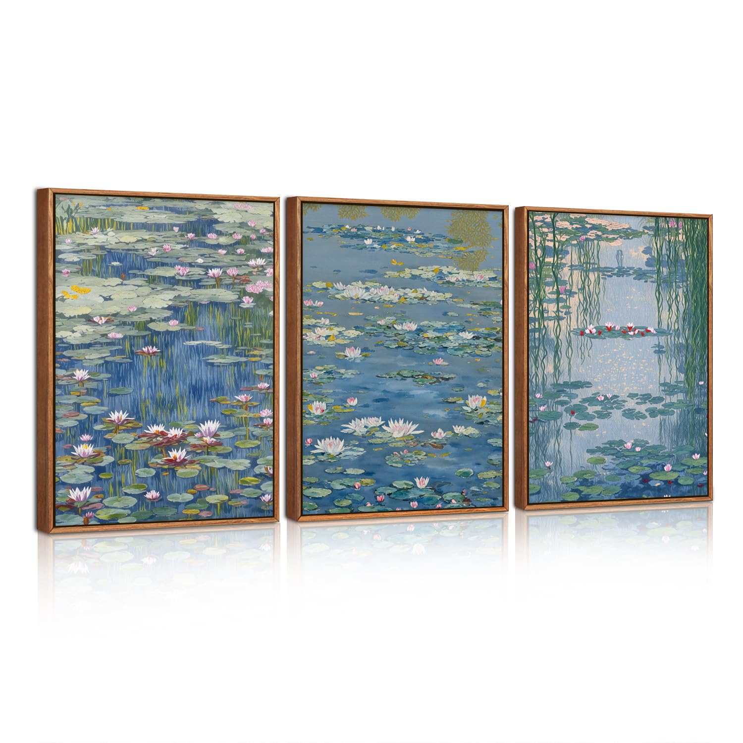 HPNIUB Lilies Pond Framed Canvas Impressionist Monet Style Botanical Artwork 30×40cm