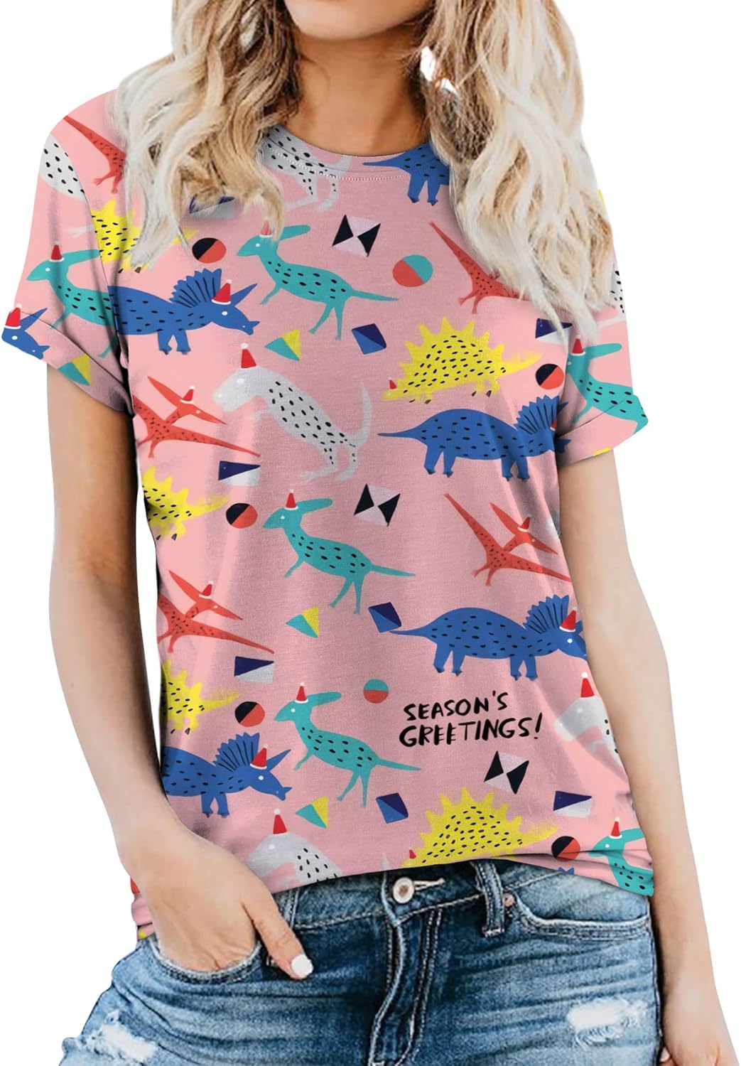Women's Dinosaur Print T-Shirt - Cute Dino Graphic Summer Blouse - Casual Short Sleeve Tee
