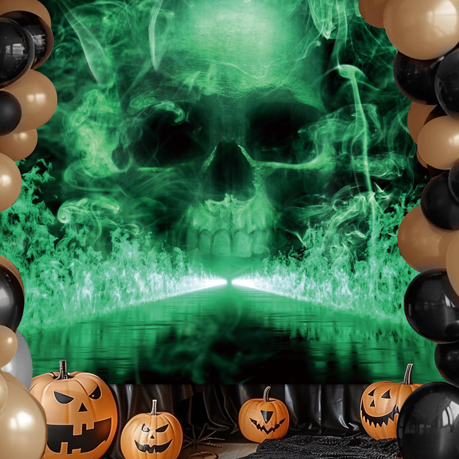 Halloween tło fotografia 3,7 x 2,4 m horror czaszka tematyczne dekoracje imprezowe fajna czaszka fantazja szkielet zielone czarne tło Halloween baner materiały do budki fotograficznej dla dzieci