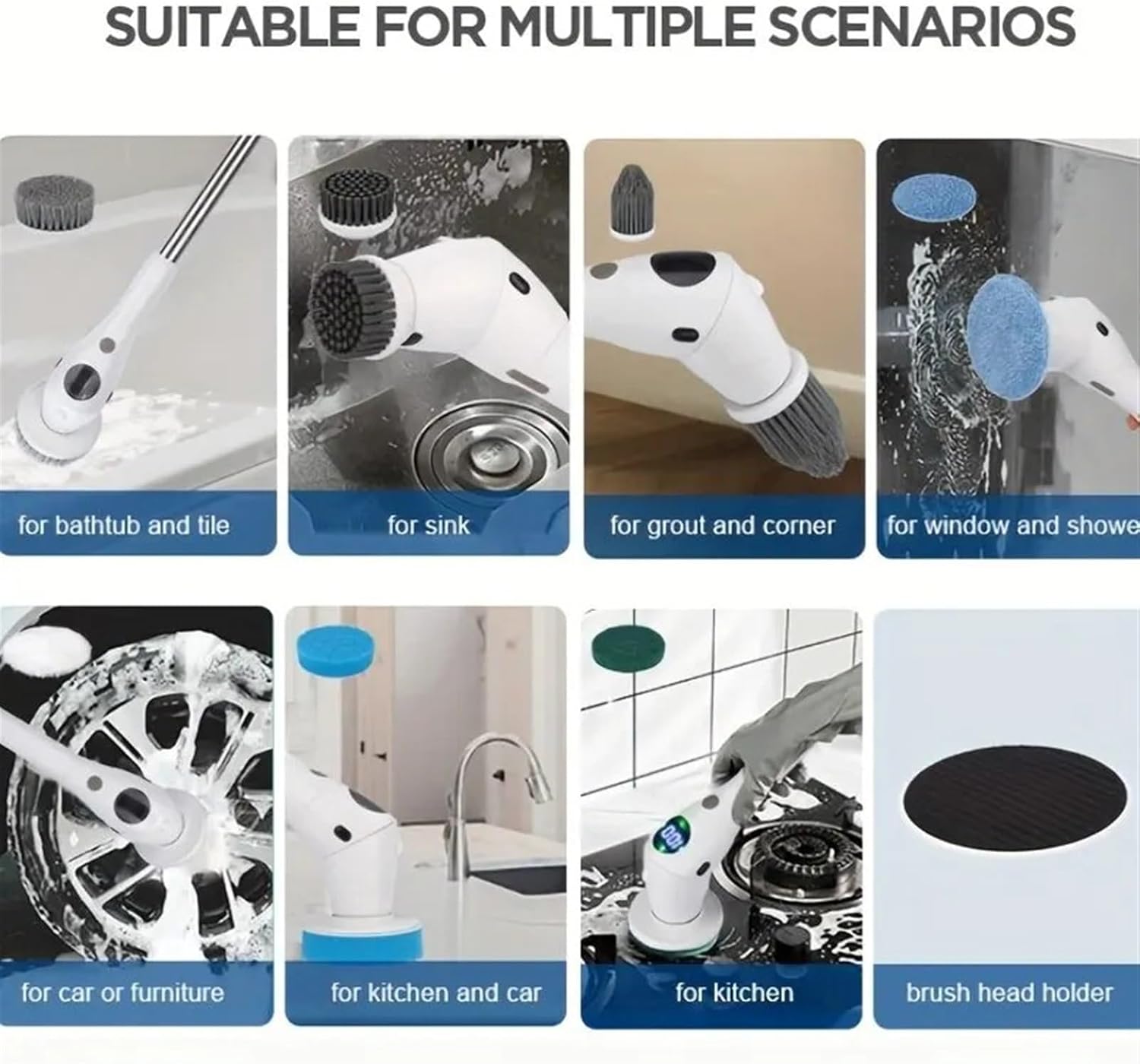 8 in 1 Electric Cleaning Brush, Water Proof Three Gear Adjustment Rotatable with LED Light Household Products Home Rotating