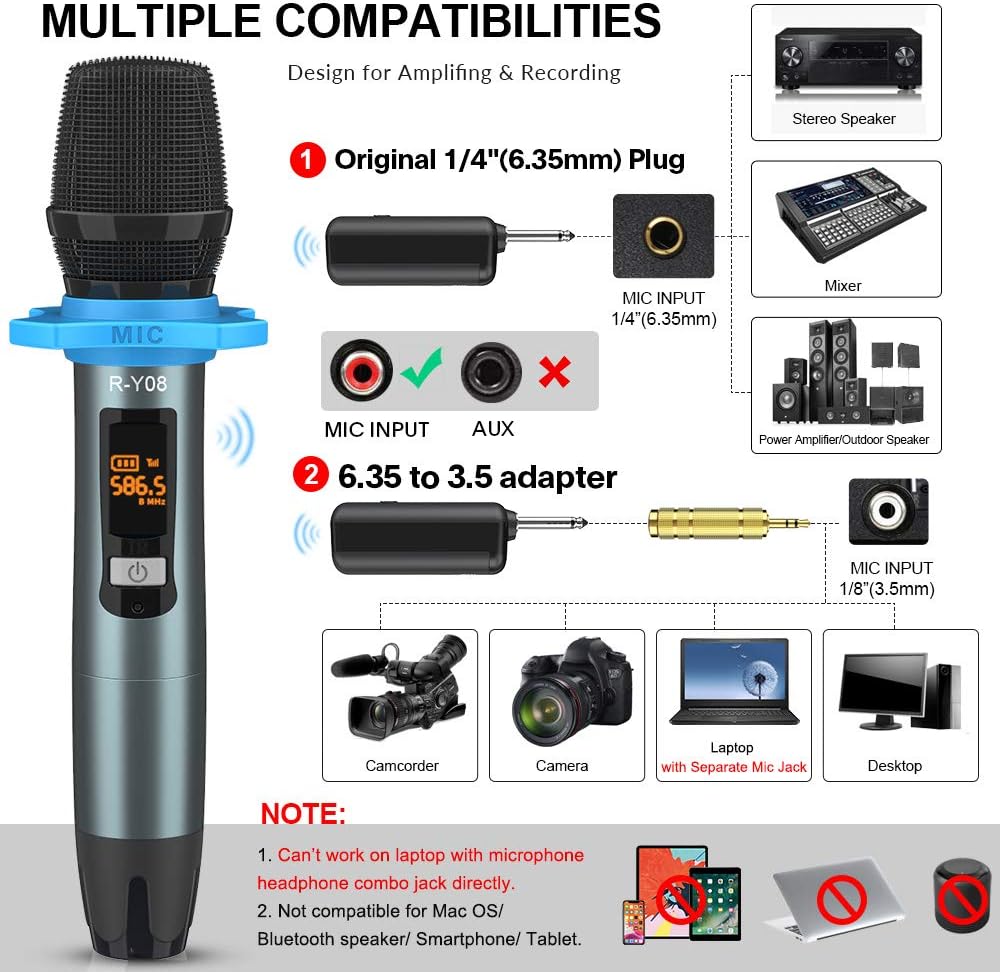 Wireless Microphone Rechargeable(Work 13-18hs) Cardioid Dynamic Mic Handheld Wireless mic System for Karaoke, Singing, Stage, Interview, Church, PA Speaker, Amplifier, Mixer, Camera, Laptop, 164ft