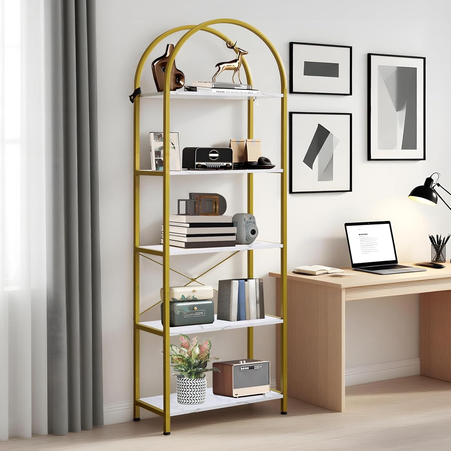 IDEALHOUSE Bookshelf 5 Tier,Arched Display Racks,Tall Shelf for CDs/Books, Modern Storage Rack Shelf Large Wood Book Shelf for Bedroom, Living Room, Home Office