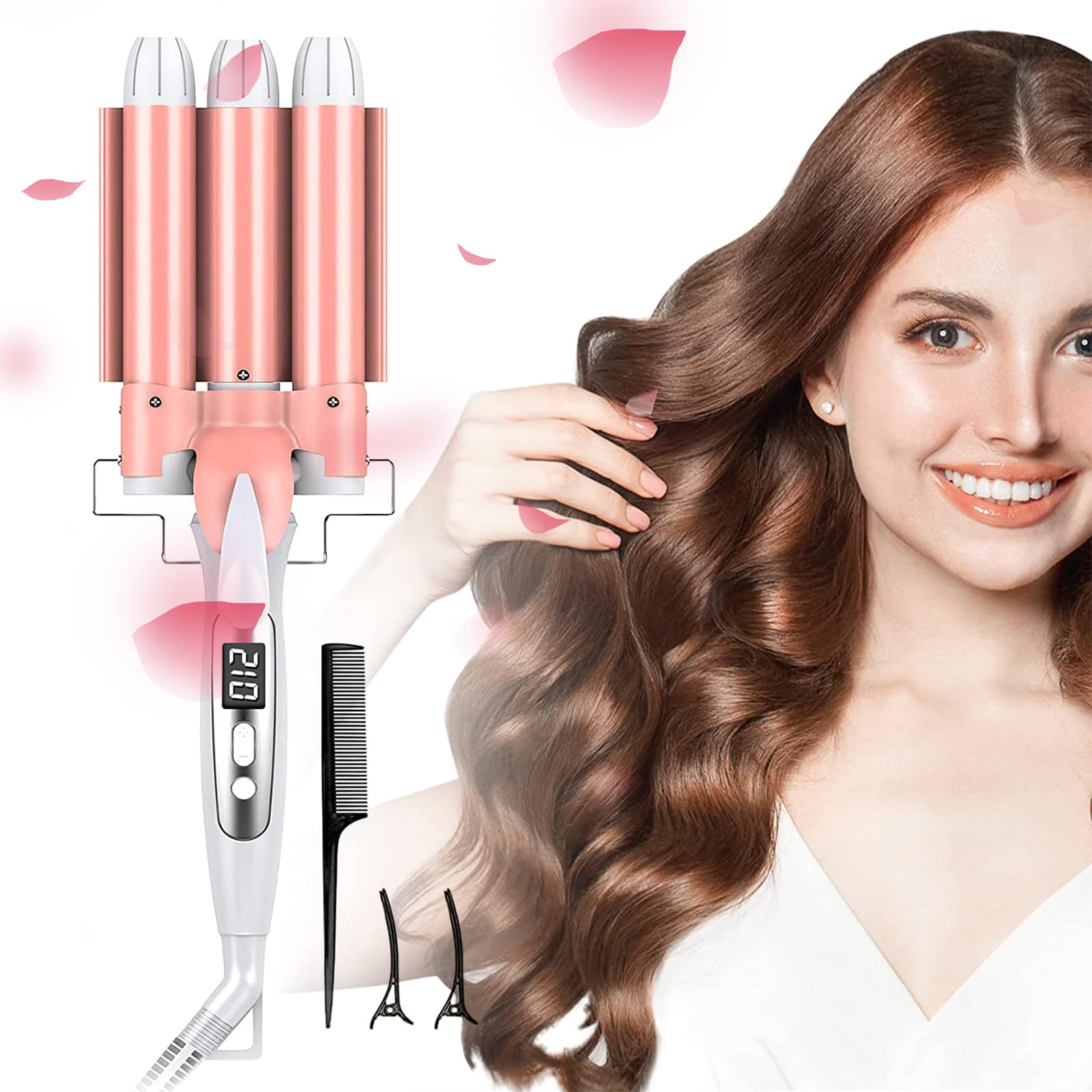 Unipampa Rizador de Pelo Profesional 3 Tubo, Rizador Pelo Ondas Plancha 32mm, Plancha Ondas Al Agua Cerámica de Pelo, con Pantalla LCD Temperatura Ajustable, para Peinado, Ondulado, Rizado