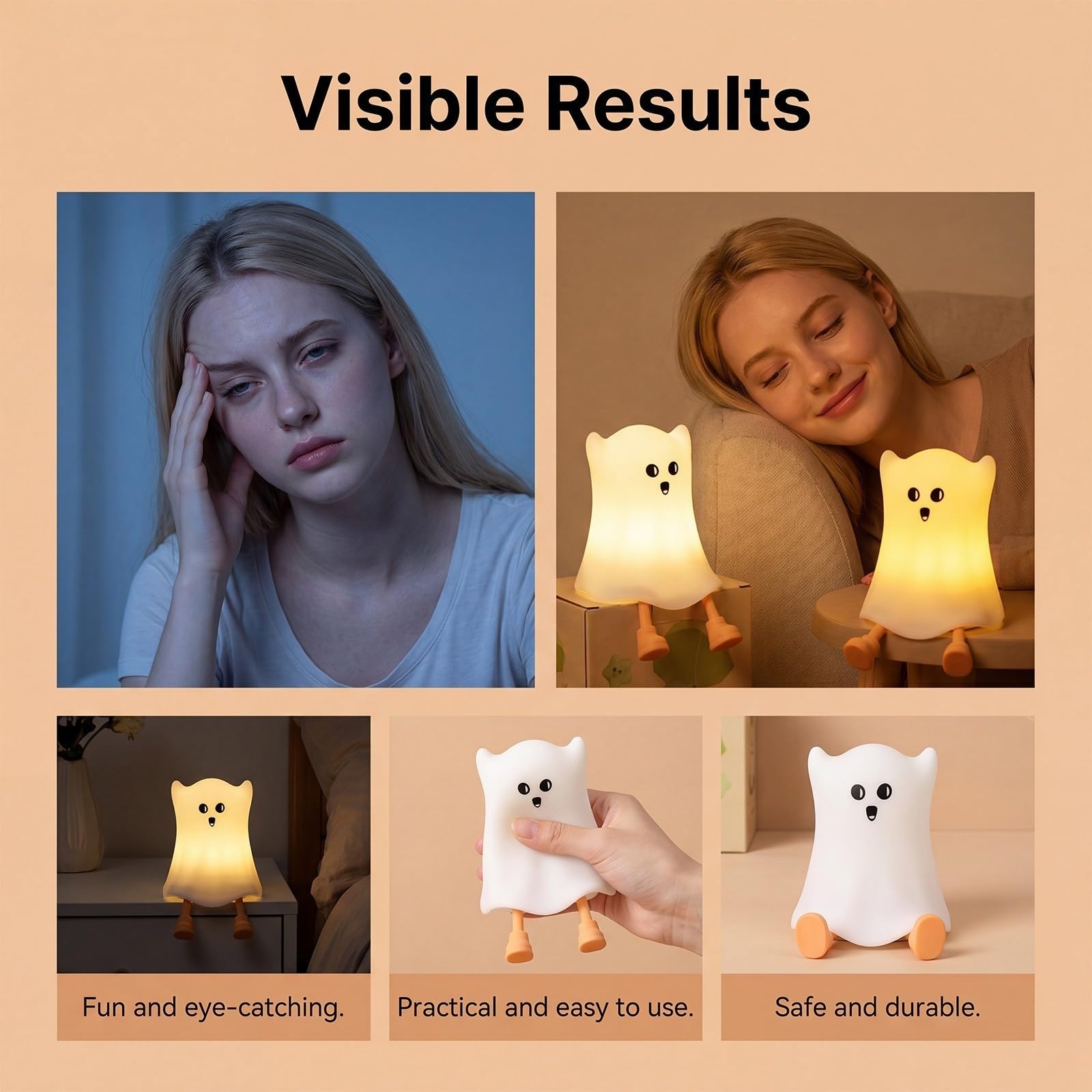 Générique Luce notturna fantasma Halloween – Lampada da notte calda e carina per camera da letto, decorazione ufficio divertente – 4 modalità regolabili, ricaricabile USB-C, autonomia 6H 3 articolo