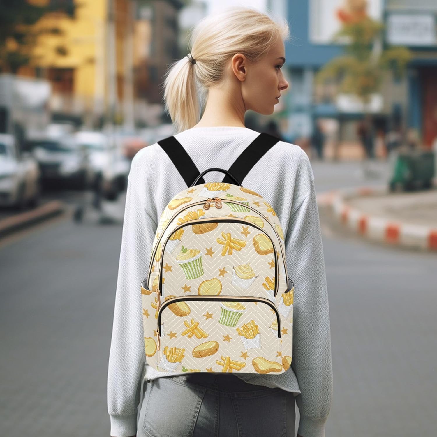 Star Mashed Potatoes Fries Pattern Backpack Purse for Women Shoulder Bag Fashion Daypack Ladies Handbag Lightweight Travel Bag Rucksack