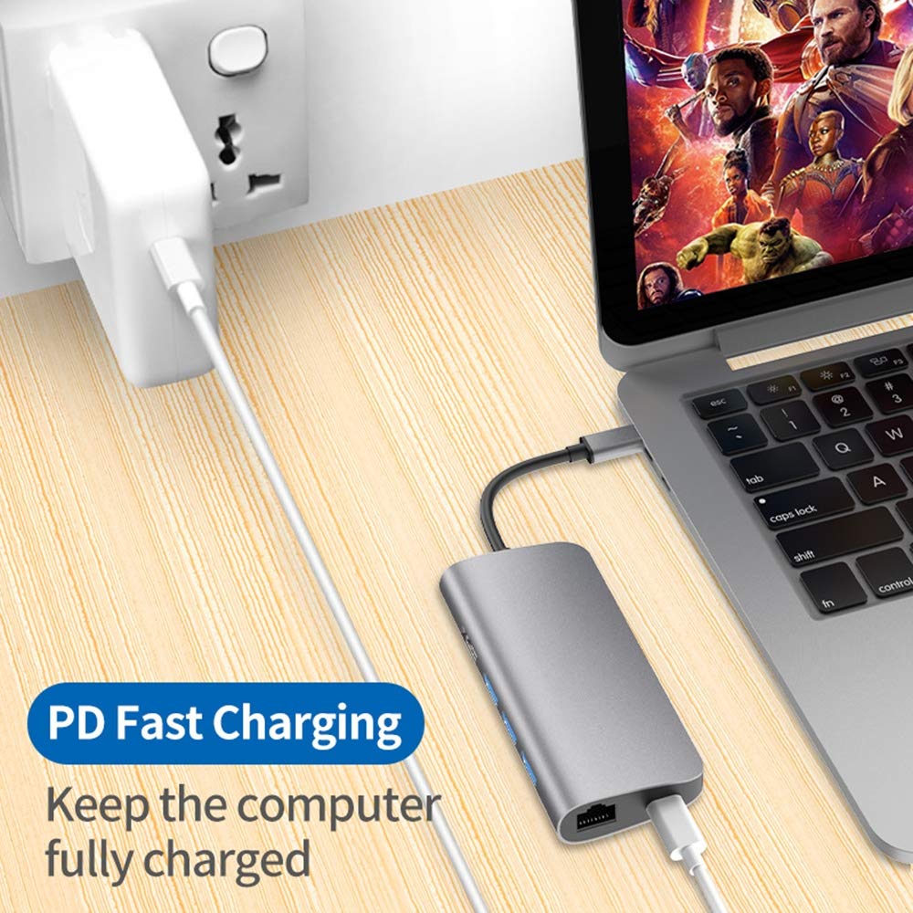 Hub USB C, adapter 8 w 1, z USB-C PD 3.0/HDMI/Ethernet/SD/TF czytnik kart / 3 USB 3.0, odpowiedni do Huawei Matebook iPad i innych