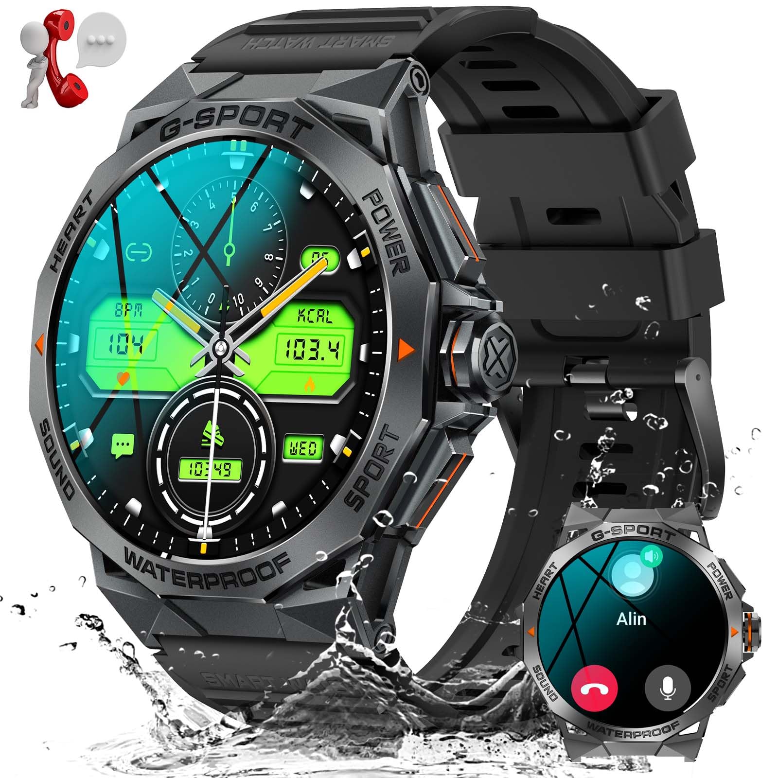 Military Smart Watches for Men (Make/Answer Call) 1.43" AMOLED Screen Activity Tracker with 100+ Sport Modes Heart Rate Sleep Monitor 400mAh Outdoor Rugged Smartwatch for iPhone Android