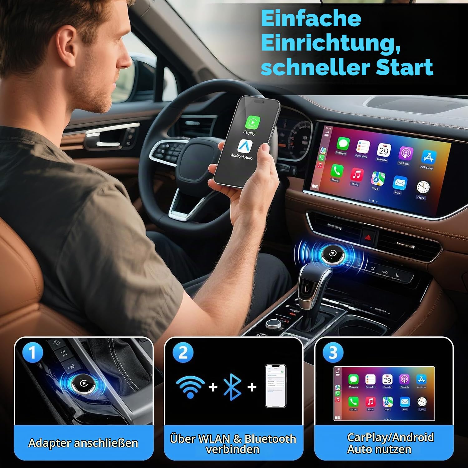 2 in 1 Wireless CarPlay & Android Auto Adapter, Bluetooth 5.3 + 5.8GHz WiFi, Kabelloser CarPlay Adapter für iPhone & Android, Plug & Play, Automatische Verbindung, Mini Auto Dongle für Wired CarPlay