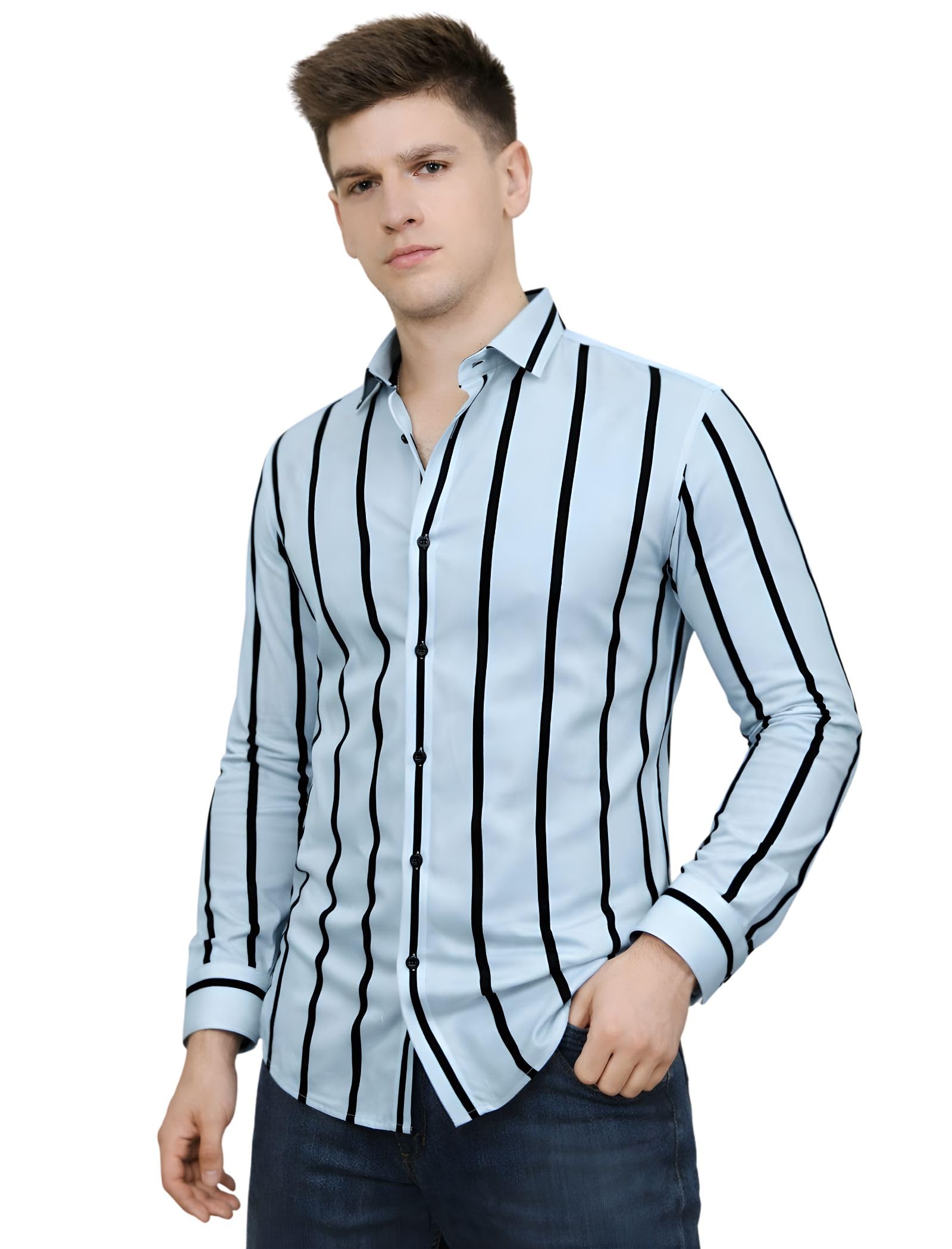 miramichi Men’s Vertical Stripe Shirt, Collared Neck Regular Fit, Lycra Blend Stretch Fabric, Long Sleeve Button Down, Casual Formal Office Wear Stylish Shirt for Men-picture-17
