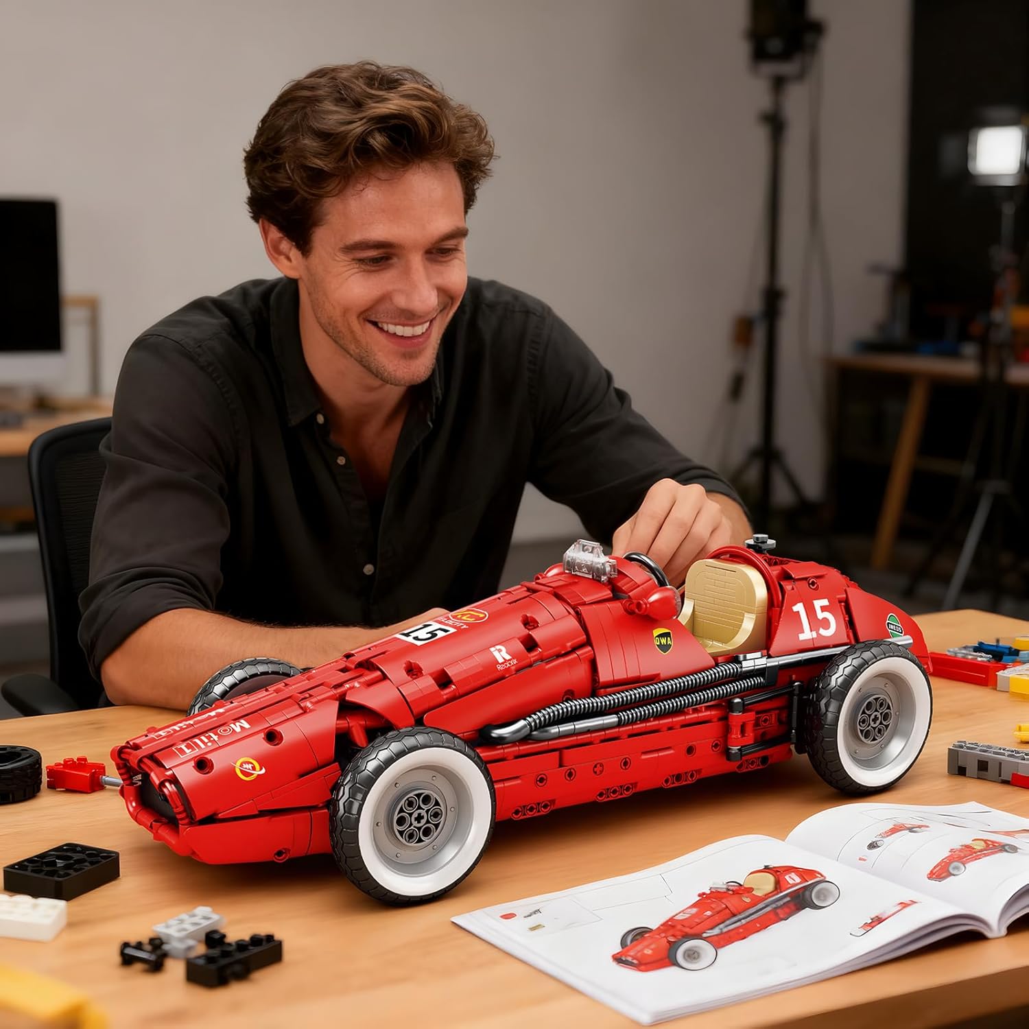 An individual assembling the Reobrix F1 Race Car 500 building set.