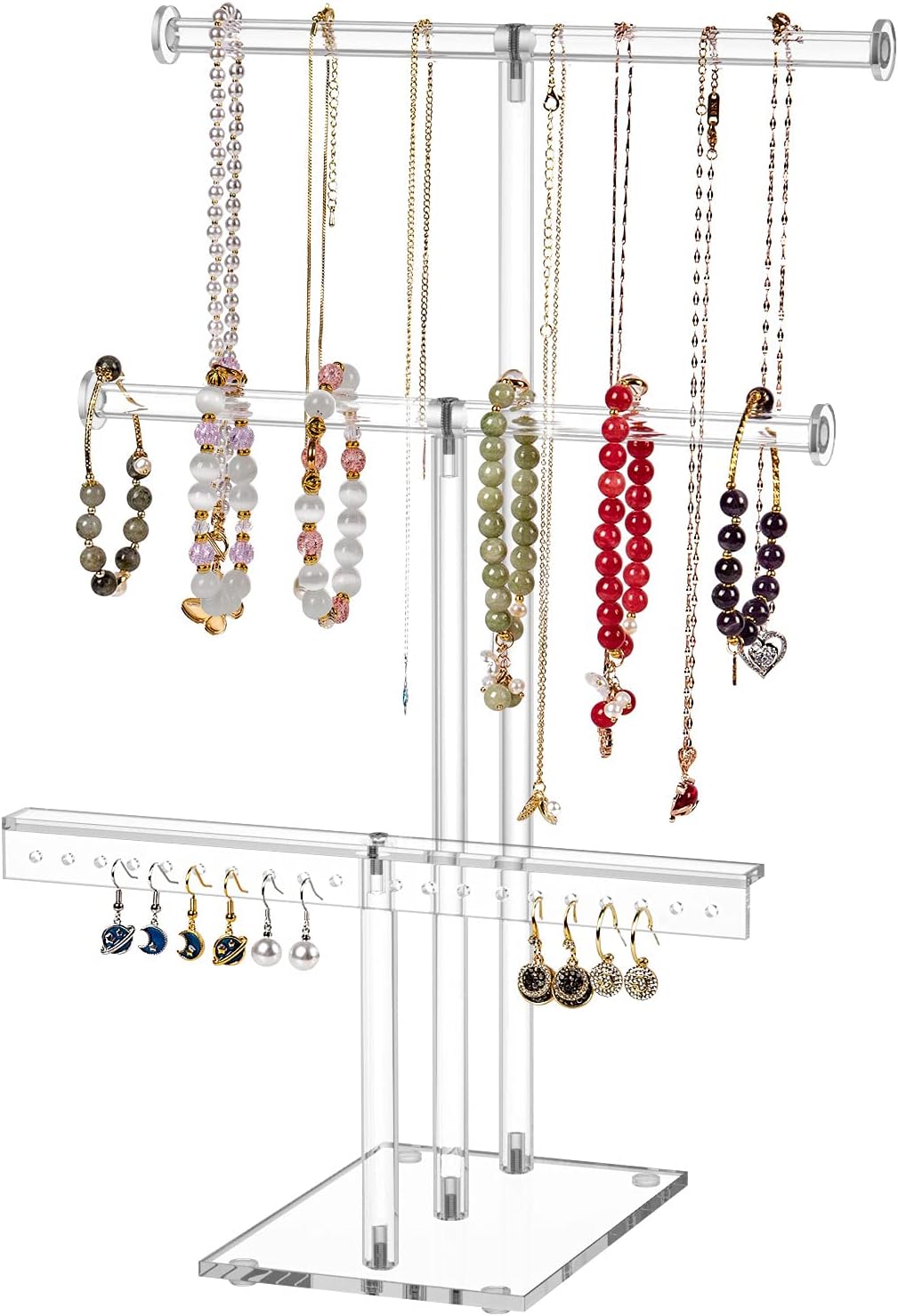 NPPLUS Jewelry Stand Organizer, 3-Tier Necklace Holder Acrylic T-bar Jewelry Display Tower for Hanging Necklace Earring Bracelets