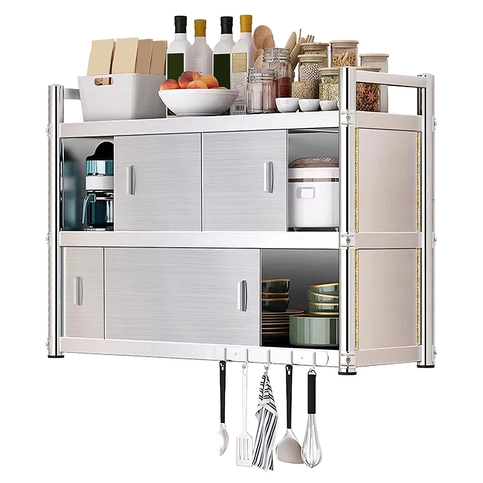 Pensile Cucina Sospeso in Acciaio Inox Pensili Cucina Sospesi con Ante Scorrevoli Design Regolabile e Salvaspazio Mobilettos Multiuso per Cucinas, Bagno, Garage, Scuola, Ufficio(100 * 35 * 90cm)