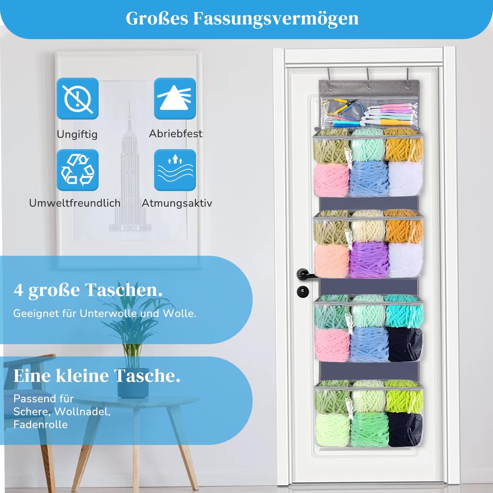 Tür hängende Wolle Aufbewahrung, Hängeorganizer Tür mit 5 durchsichtigen Kunststofftaschen & 3 großen Metallhaken für Stricknadeln,Hängender Garn-Organizer für Stricknadeln, Häkelnadeln, Nähkugeln