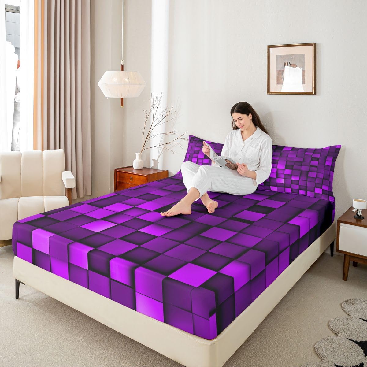 Pixelated Miners Game Kids Full Size Fitted Sheet,Geometric Check Video Games Boys Girls Bed Sheets,Gamepad Grid Modern Gaming Room Decor,Purple Bedding Set,2 Pillowcases(No Flat) image 2