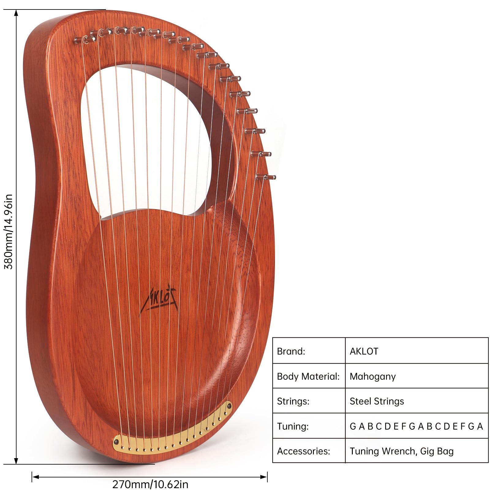 AKLOT Lyre Harpe 16 cordes métalliques en acajou avec clé à accorder, Ramassage,sac de transport noir