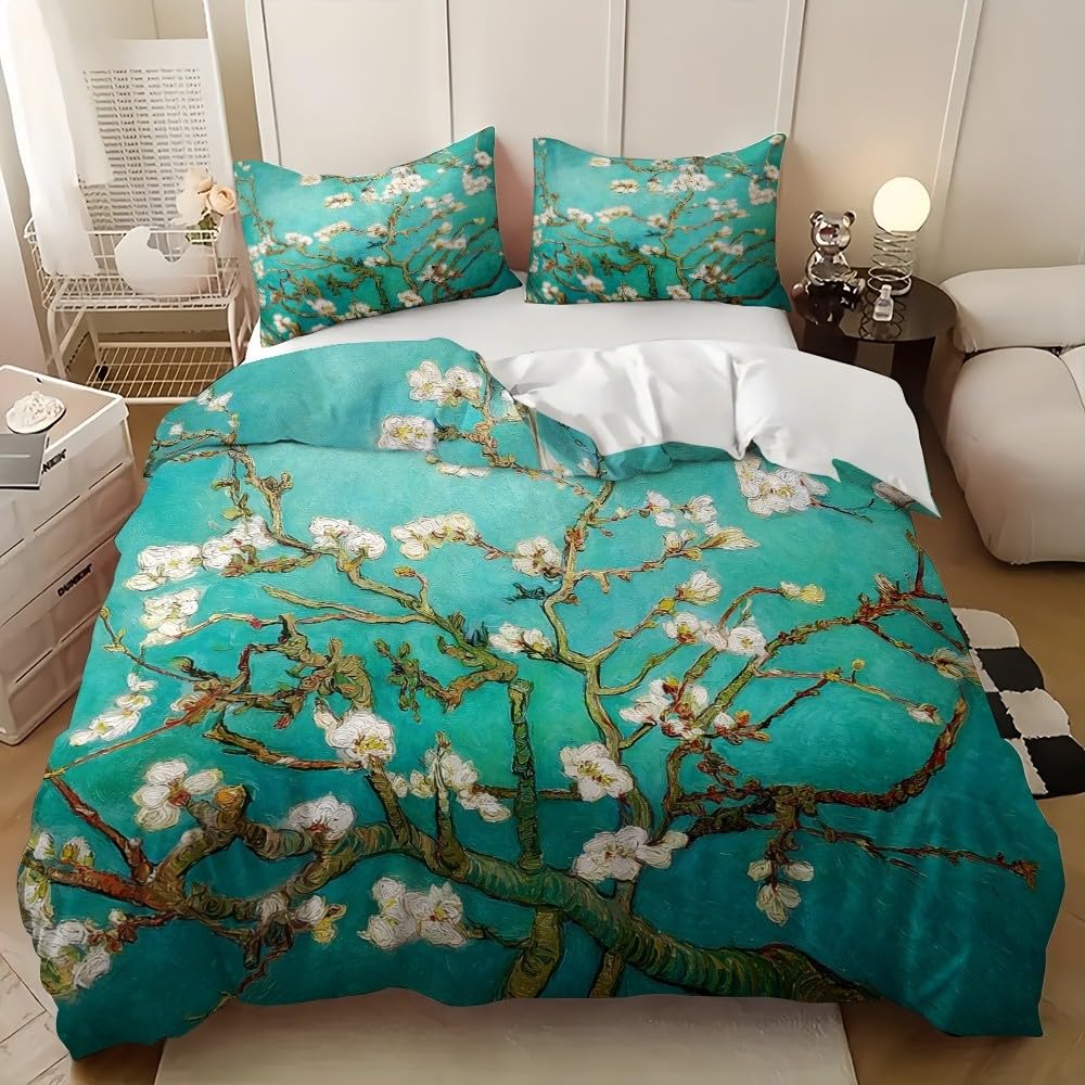 Zestaw pościeli Podwójna poszwa na kołdrę 240 x 220 cm rośliny kwiaty moreli gałązki drzew 3 szt. Miękka hipoalergiczna poszwa na kołdrę z mikrofibry z zamkiem błyskawicznym dla dorosłych, zielona