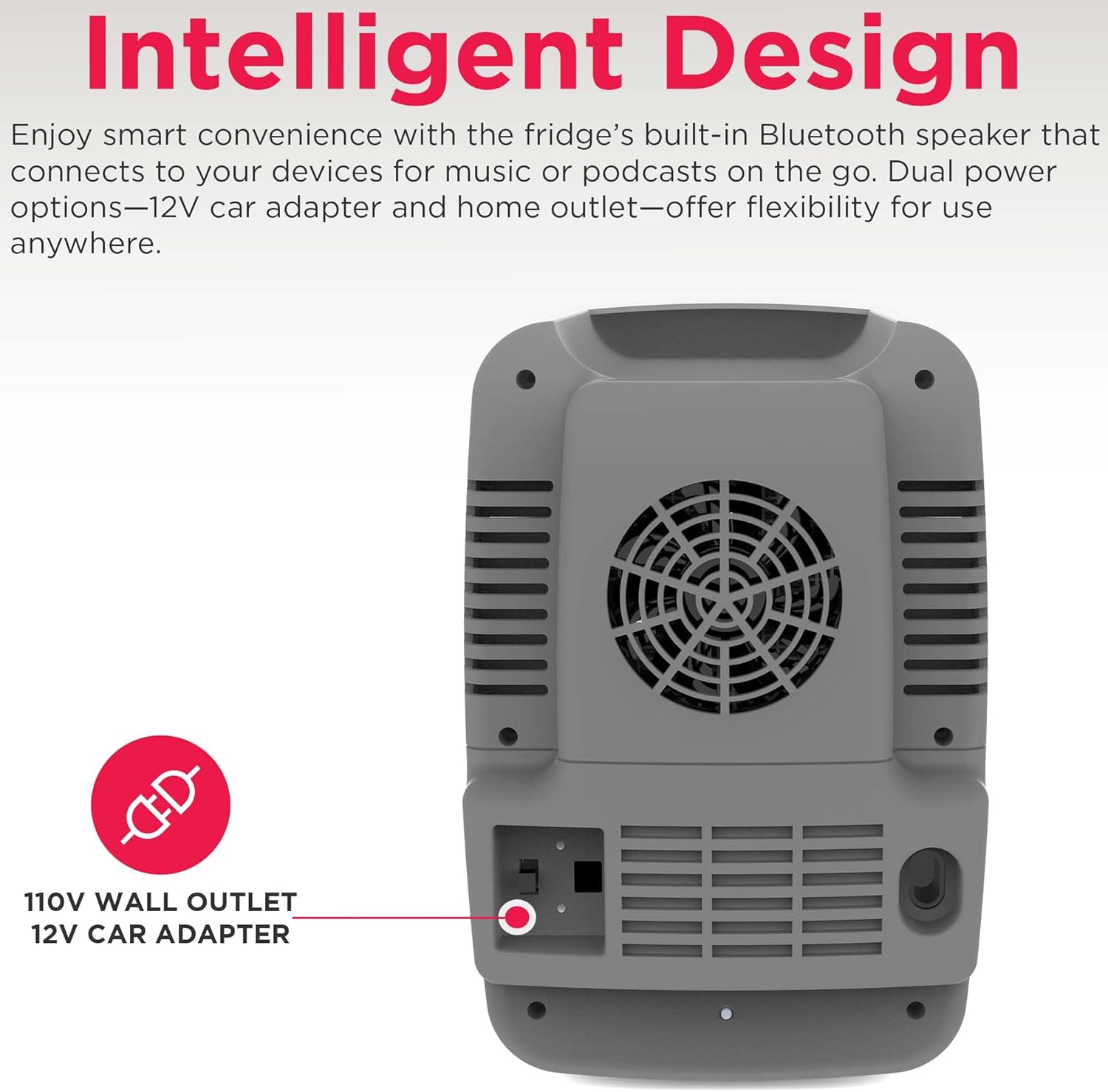 Frigidaire Mini Personal Fridge Cooler, 4L Capacity Chills Six 12 oz Cans, Portable & Compact, AC Plug & 12V Car Charger – GREY, BUILT IN BLUETOOTH SPEAKER