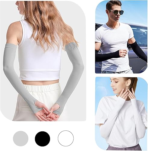 Miniatura 7 de Medsuo 3 pares de cómodas mangas para brazos con protección para el pulgar con agujero para el pulgar, 3 colores de compresión, largas para mujer,