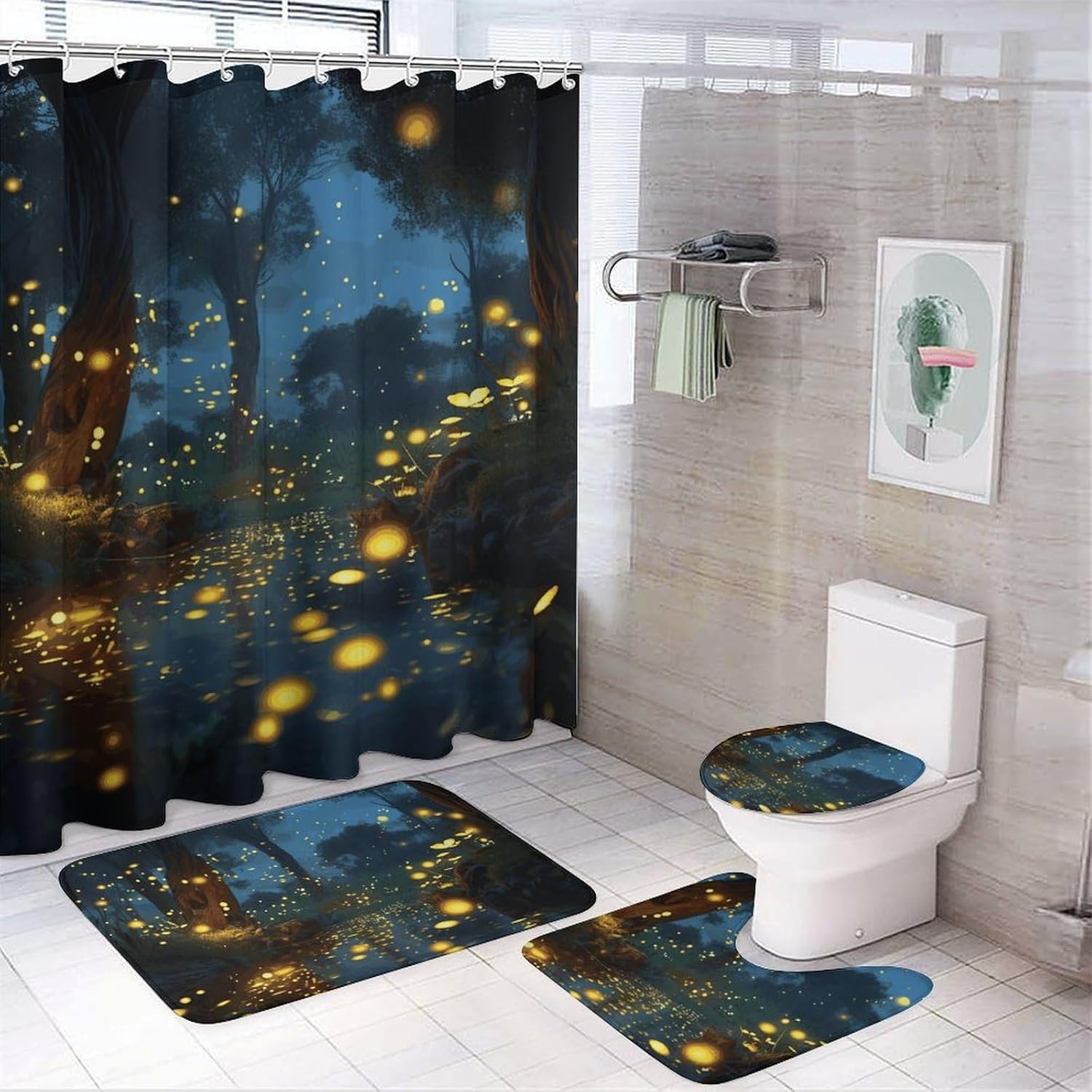 Fireflies Shower Curtains Set 4 Piece with Non-Slip Rugs, Toilet Lid Cover and Bath Mat Soft Bathroom Carpet Waterproof Bathroom Curtain with 12 Hooks for Bathroom Decor