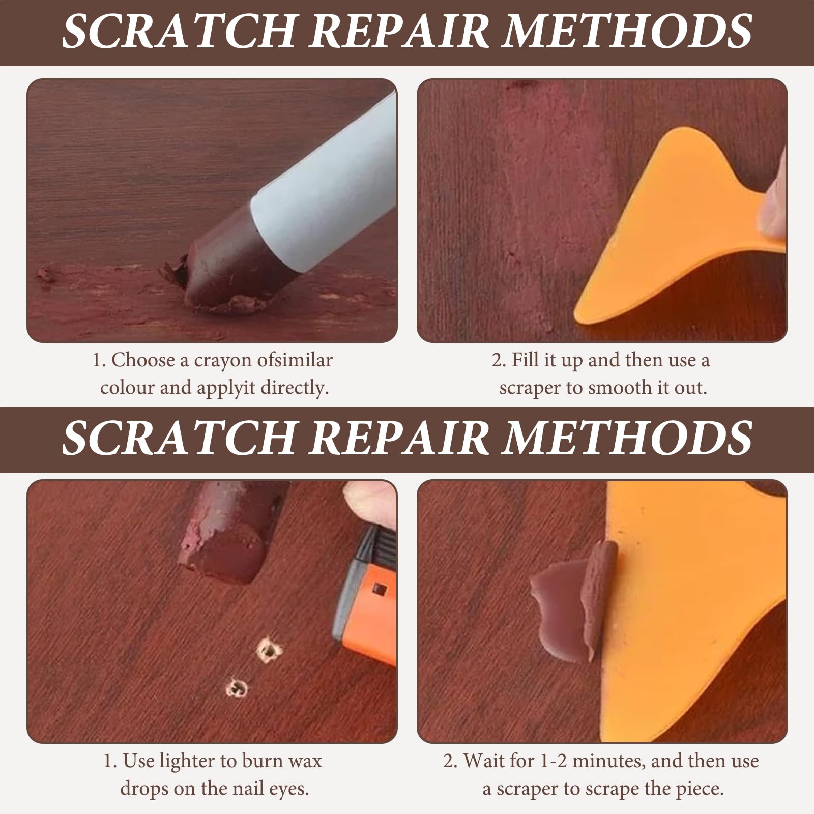 5Pcs Wax Filler Wood Repair Sticks Laminate Worktop Repair Kit Laminate Floor Light to Dark Brown for Wooden Furniture Laminate Flooring Table Door Guitar Scratches Holes Stains with 1 Scraper - Image 4