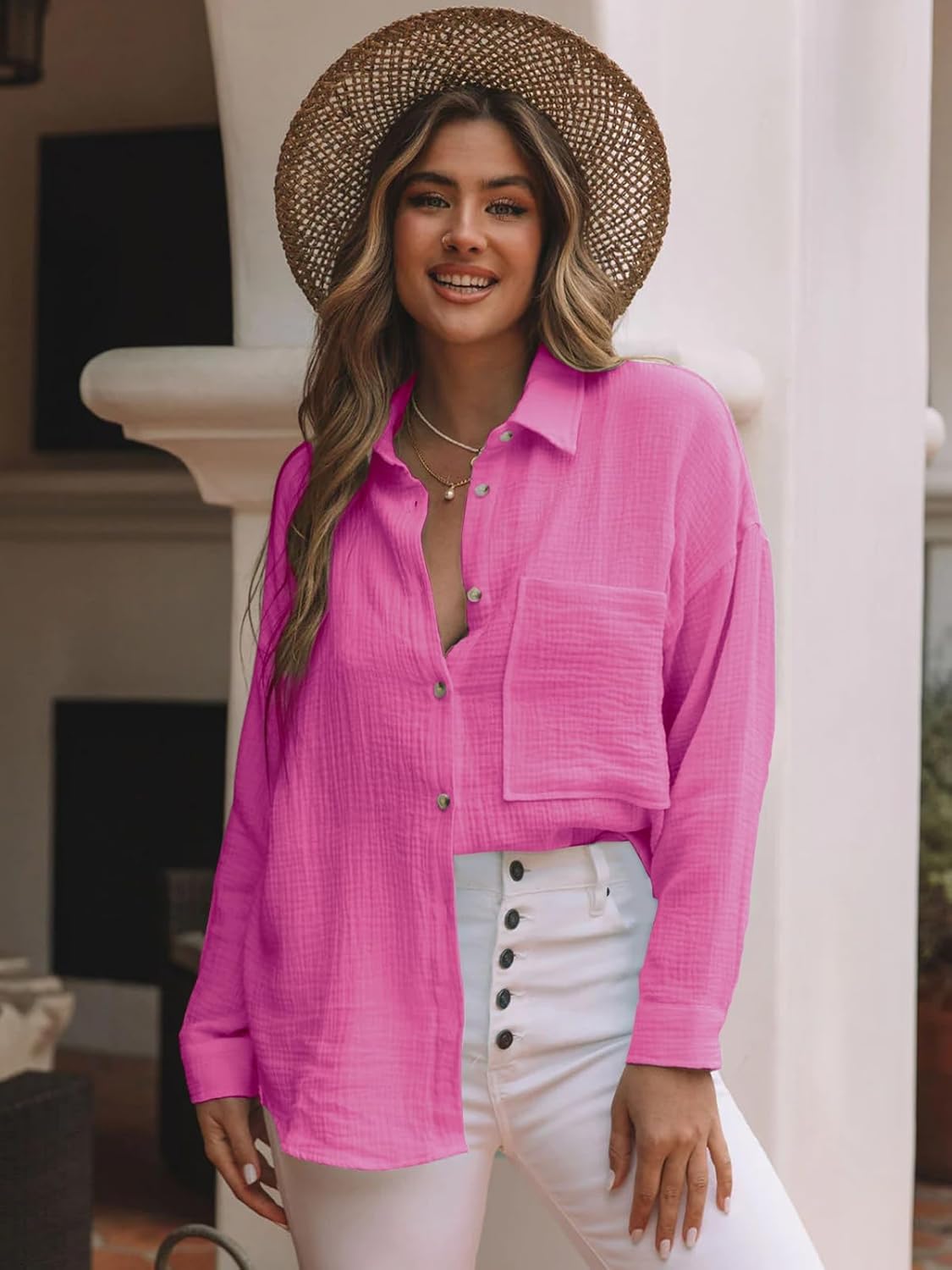 siliteelon Womens Button Down Shirts Cotton Long Sleeve Oversized Boyfriend Blouses Collared Dress Tops with Pockets - Image 3