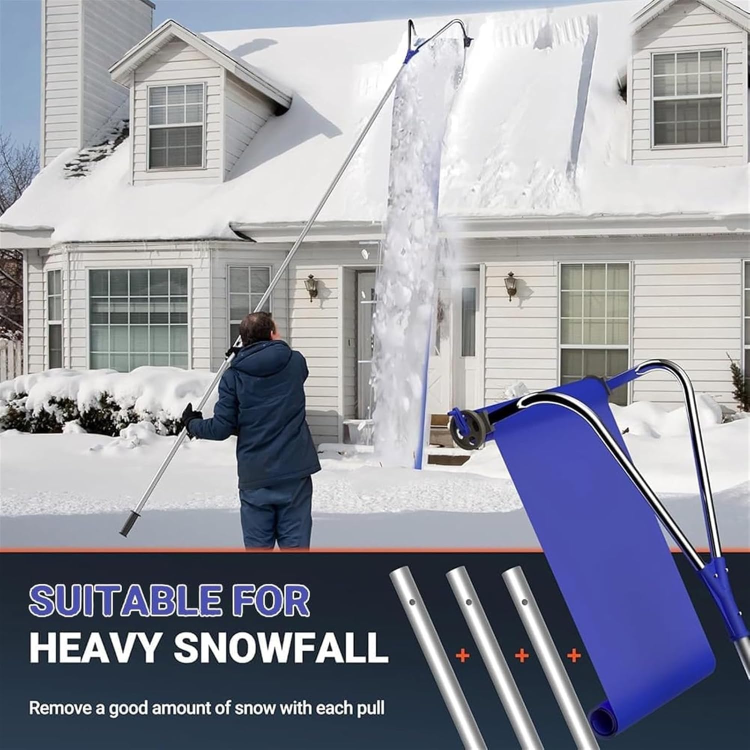 Snow Shovels 21 Feet Snow Roof Rake, Roof Snow Rake Removal Tool with Snow Slide & Telescoping Pole, with 3-Inch Hub, Anti-Slip Handle, for Pitched Roof, Asphalt Shingle Roof